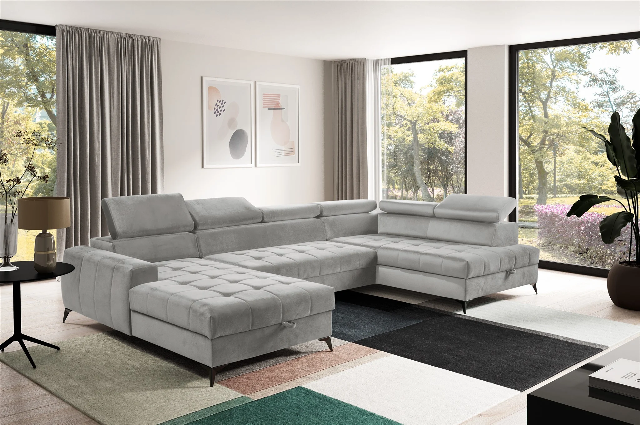 Wohnlandschaft Schlafsofa AGNESA Stoff Salvador Hellgrau Ottomane Links - Fun Möbel