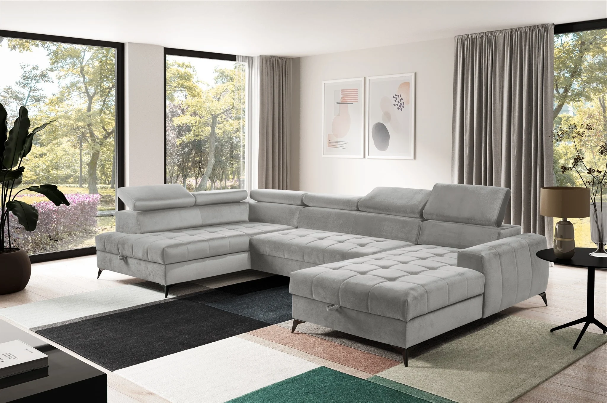 Wohnlandschaft Schlafsofa AGNESA Stoff Salvador Hellgrau Ottomane Rechts - Fun Möbel