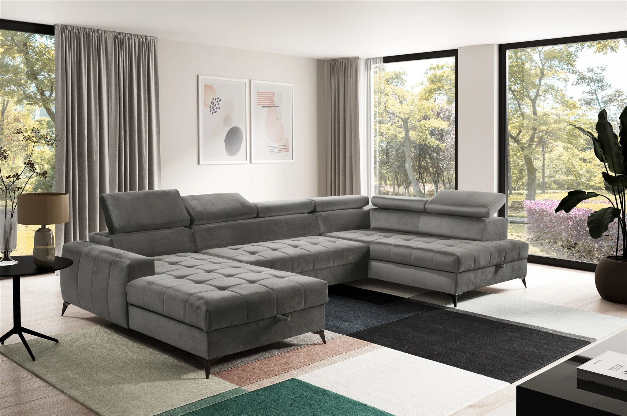 Wohnlandschaft Schlafsofa AGNESA Stoff Salvador Grau Ottomane Links - Fun Möbel