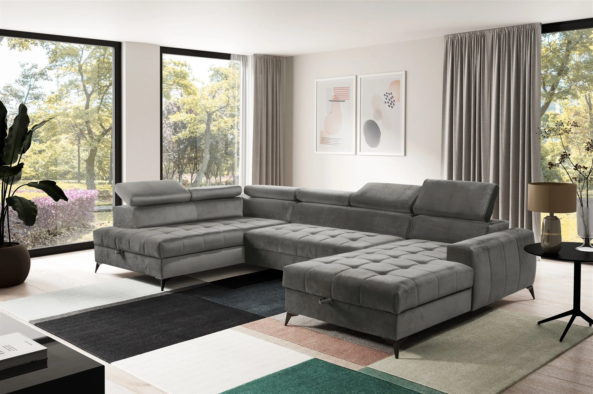 Wohnlandschaft Schlafsofa AGNESA Stoff Salvador Grau Ottomane Rechts - Fun Möbel