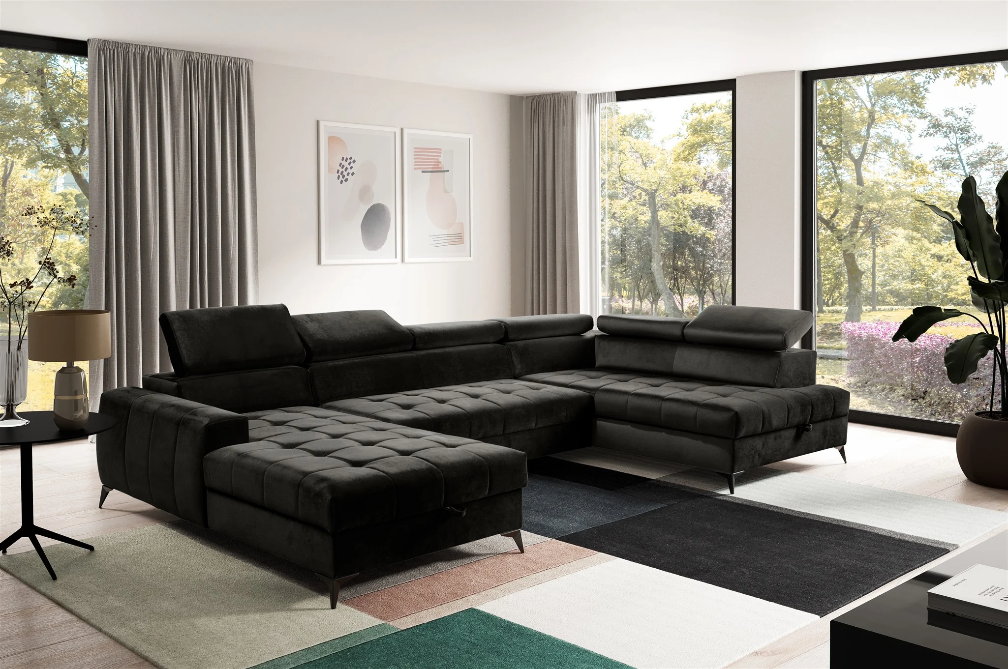 Wohnlandschaft Schlafsofa AGNESA Stoff Salvador Schwarz Ottomane Links - Fun Möbel