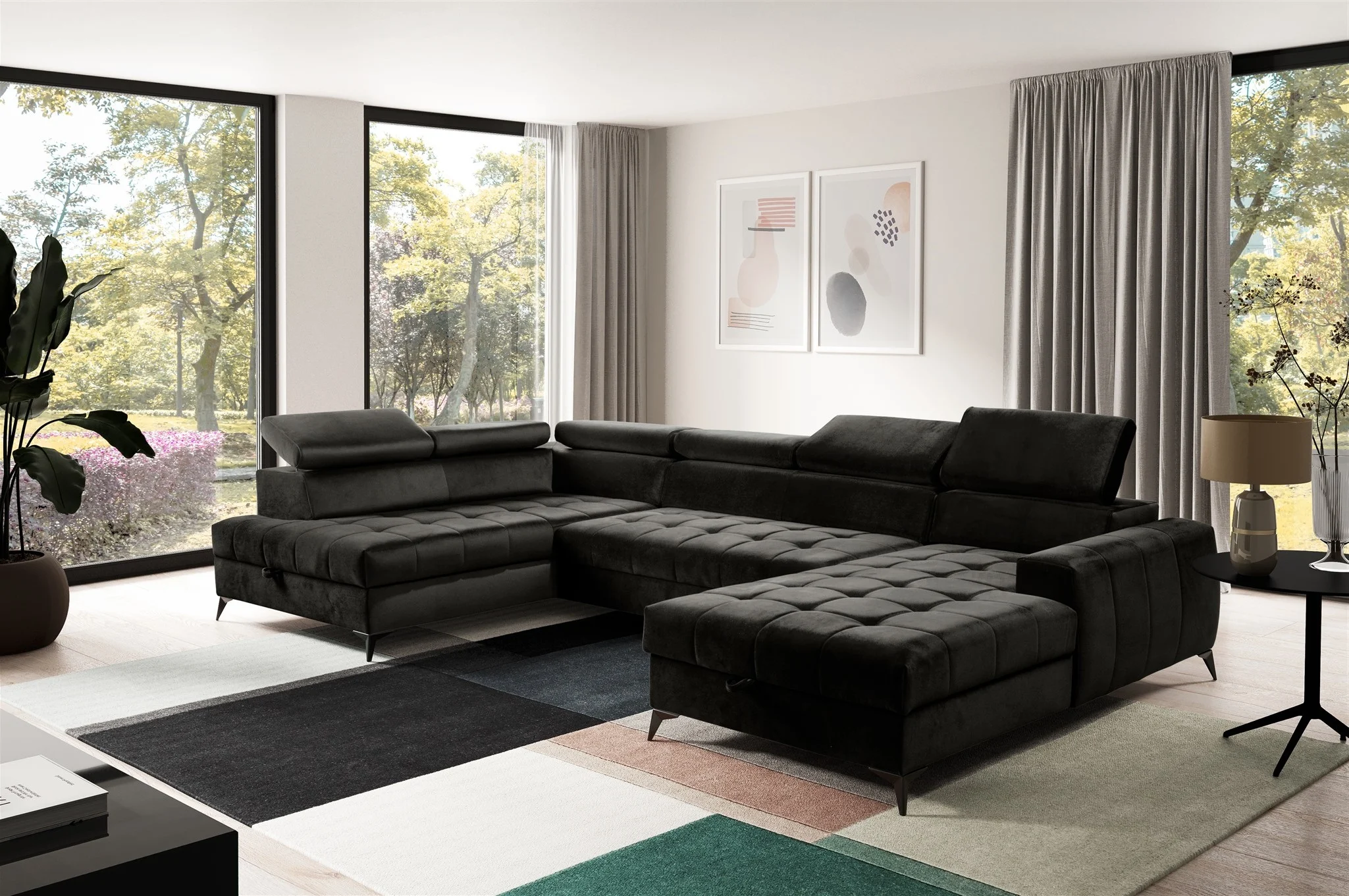 Wohnlandschaft Schlafsofa AGNESA Stoff Salvador Schwarz Ottomane Rechts - Fun Möbel
