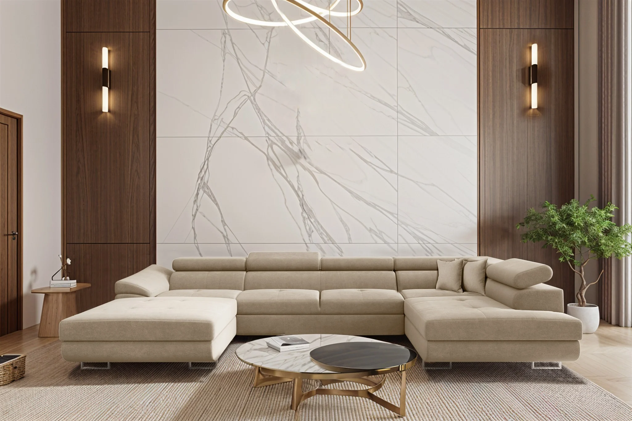 Wohnlandschaft Schlafsofa Sofa CARMELO in Stoff Nova Beige Ottomane Links - Fun Möbel