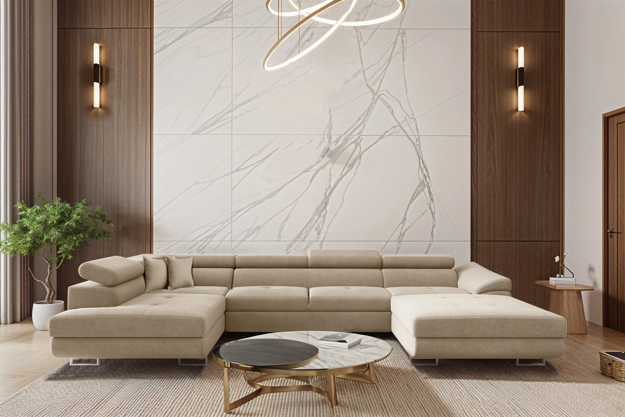 Wohnlandschaft Schlafsofa Sofa CARMELO in Stoff Nova Beige Ottomane Rechts - Fun Möbel
