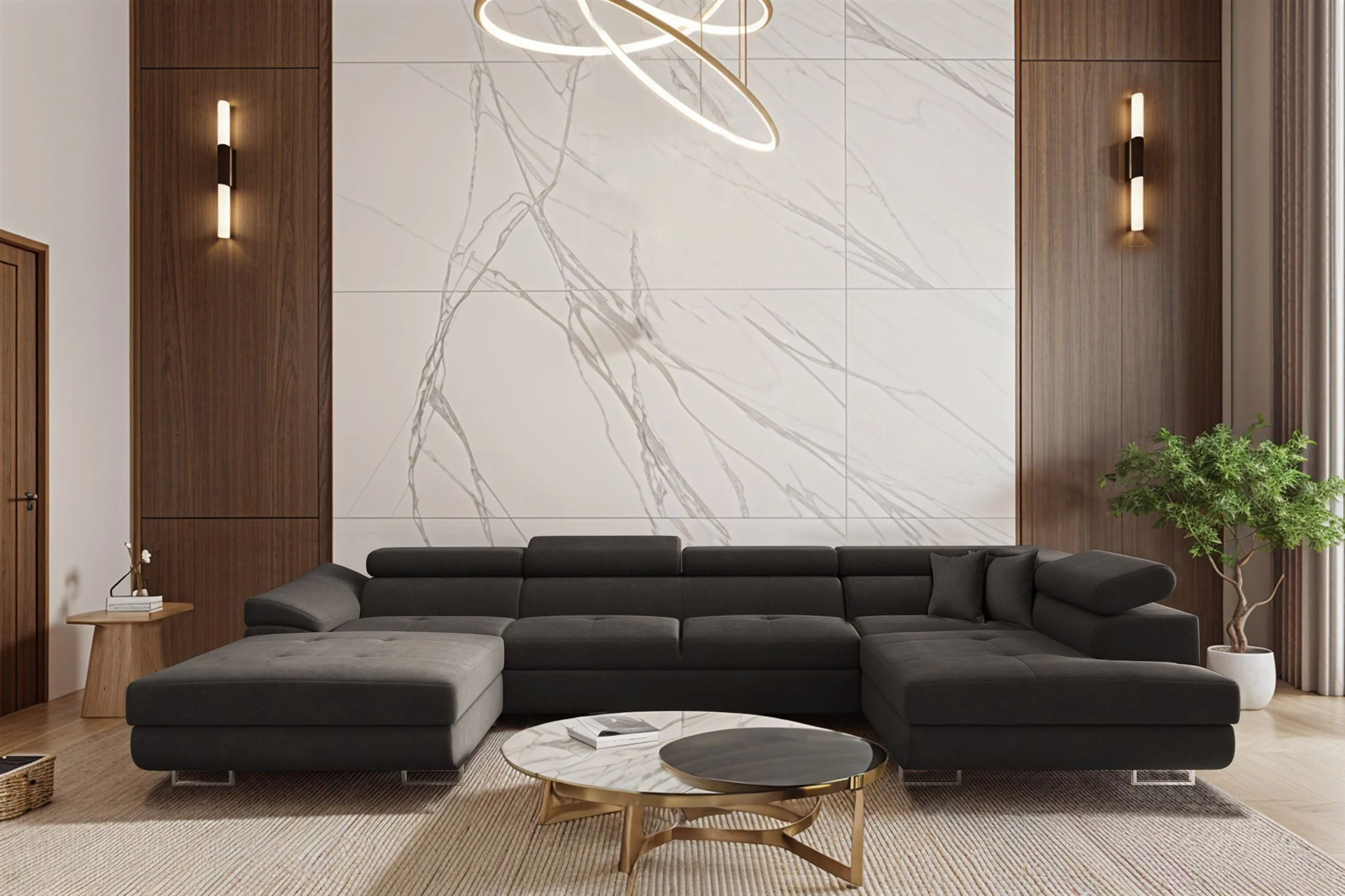 Wohnlandschaft Schlafsofa Sofa CARMELO in Stoff Nova Grafit Ottomane Links - Fun Möbel
