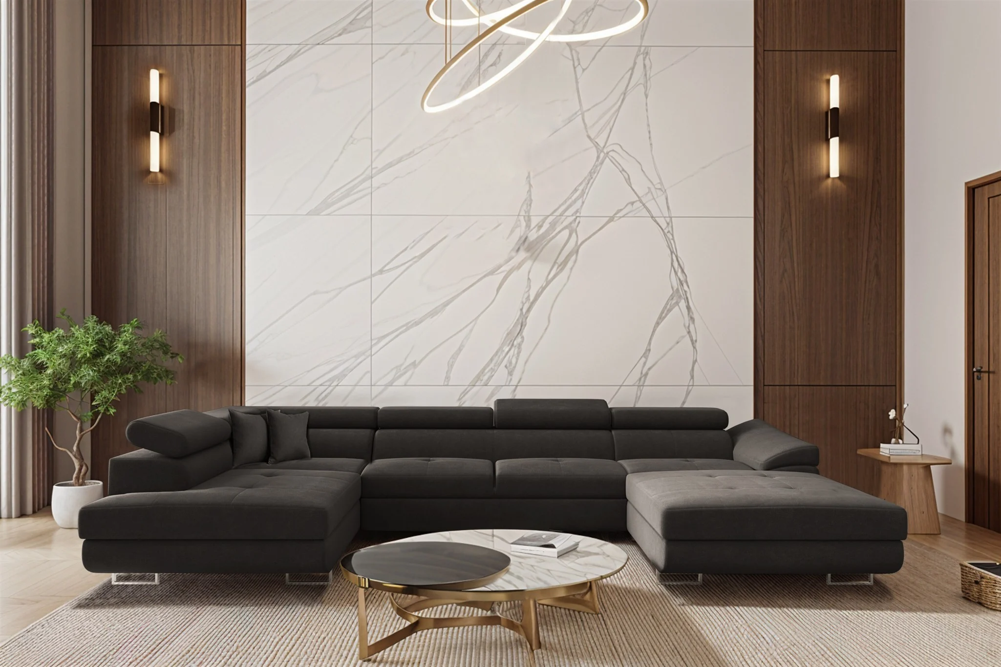 Wohnlandschaft Schlafsofa Sofa CARMELO in Stoff Nova Grafit Ottomane Rechts - Fun Möbel