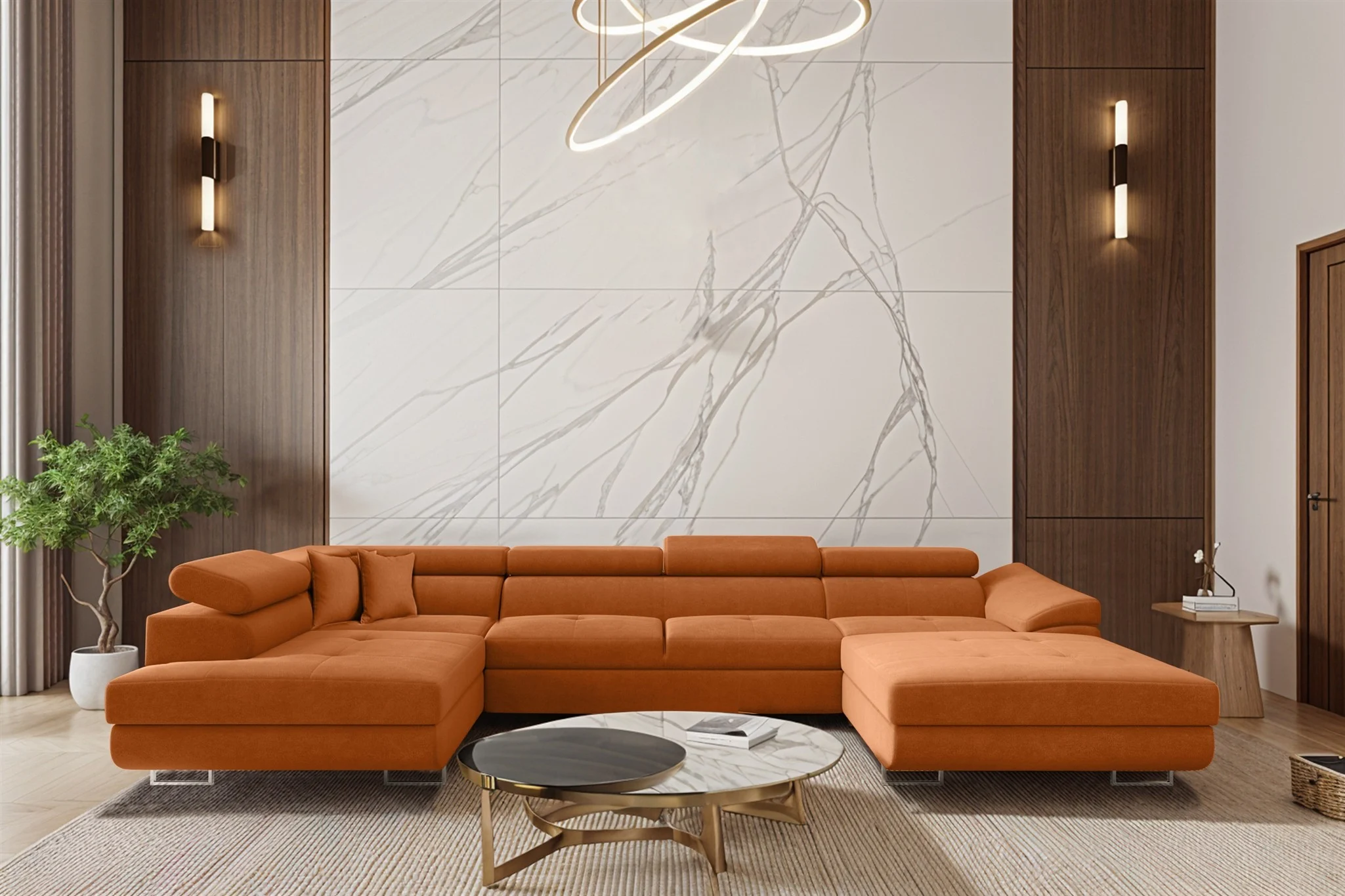 Wohnlandschaft Schlafsofa Sofa CARMELO in Stoff Nova Orange Ottomane Rechts - Fun Möbel