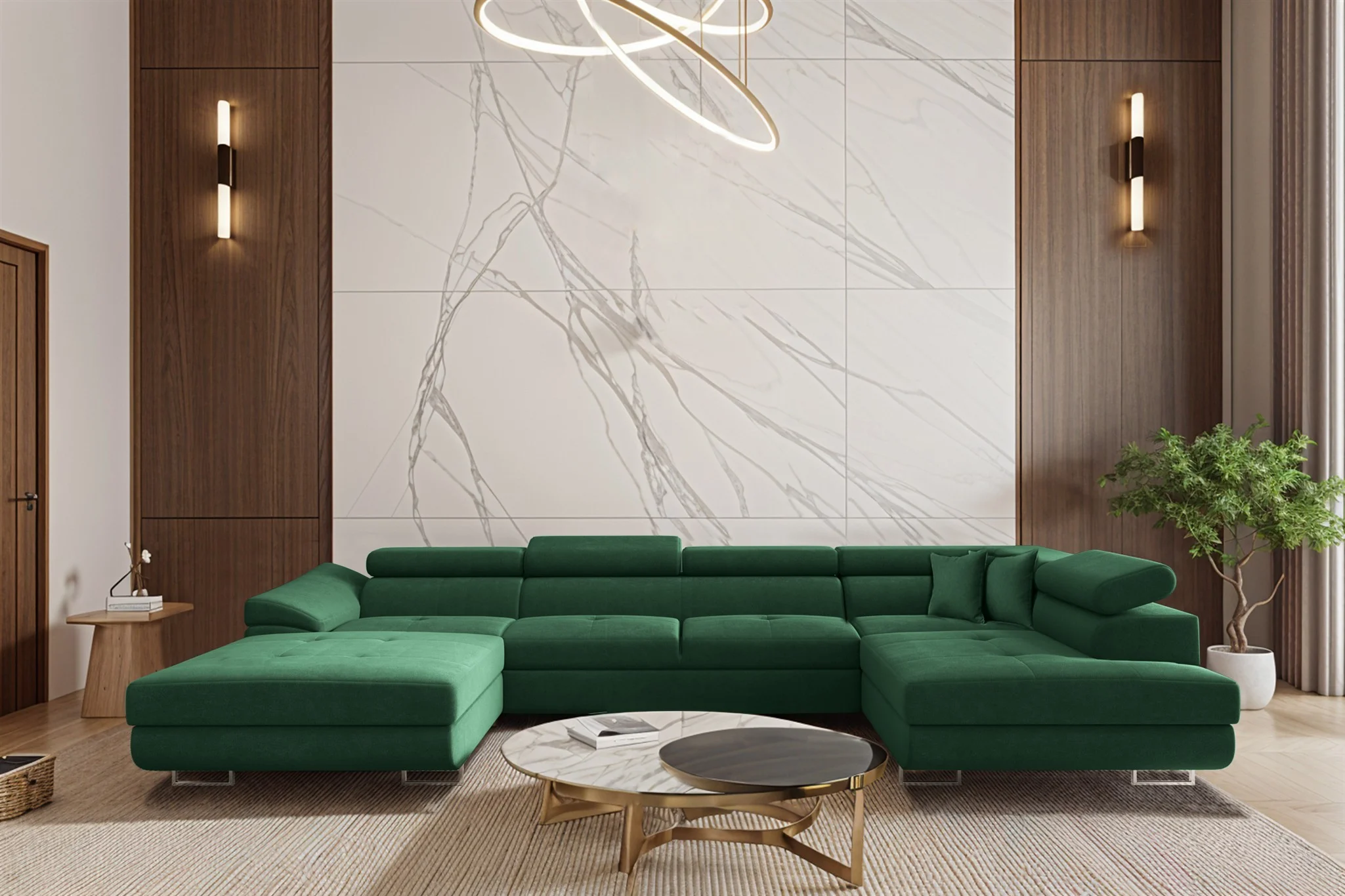 Wohnlandschaft Schlafsofa Sofa CARMELO in Stoff Nova Grün Ottomane Links - Fun Möbel