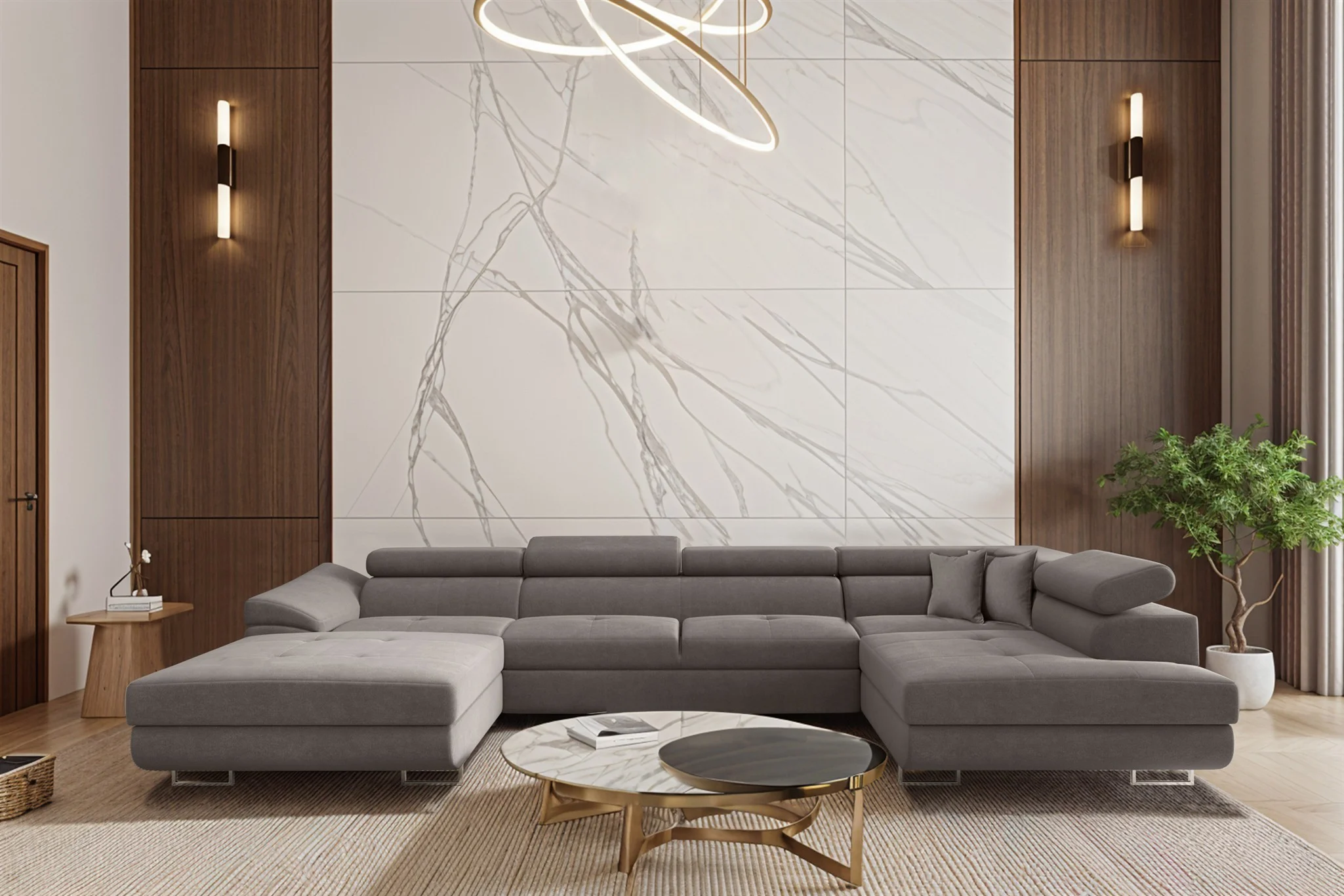 Wohnlandschaft Schlafsofa Sofa CARMELO in Stoff Nova Grau Ottomane Links - Fun Möbel