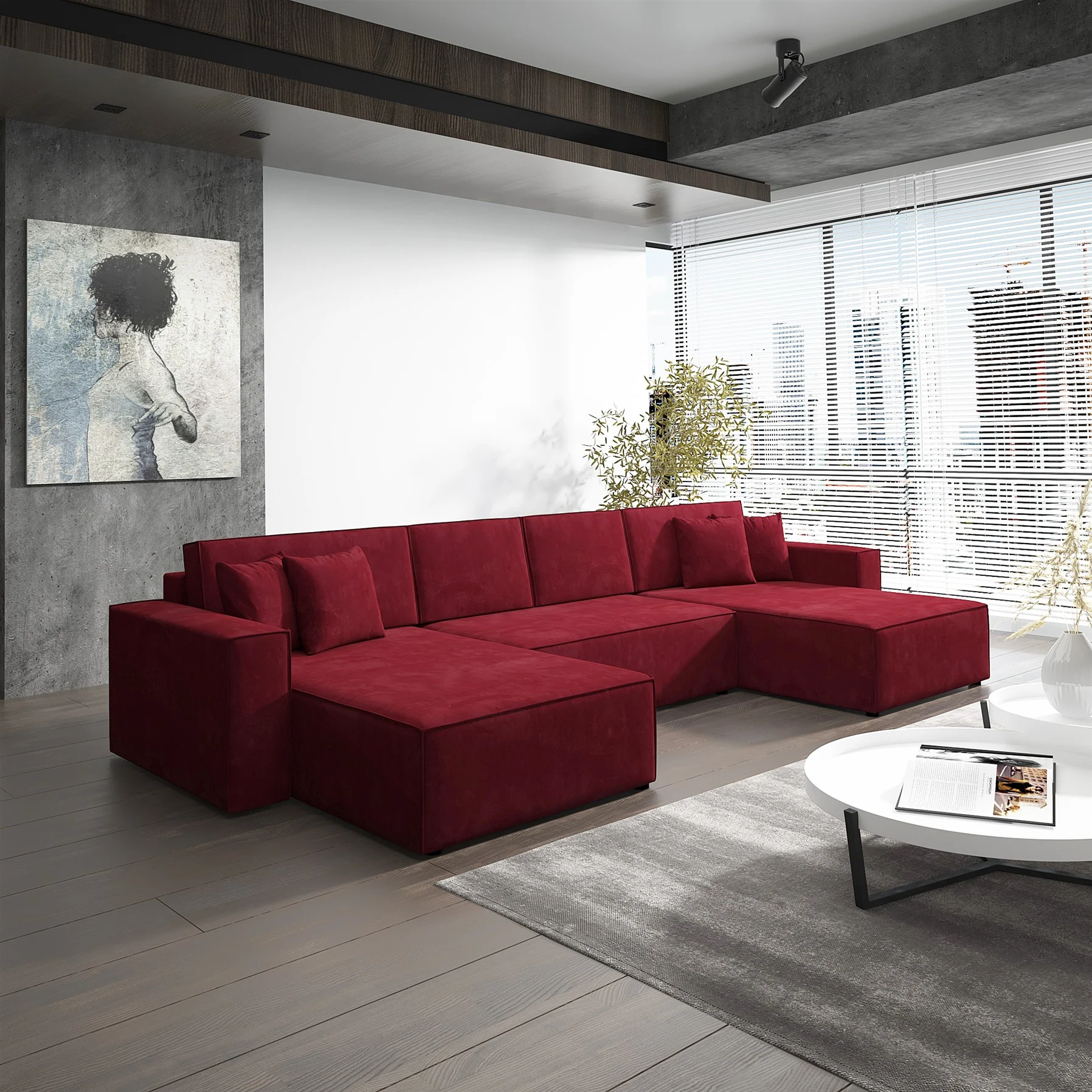 Wohnlandschaft Schlafsofa Sofa CONOR Stoff Kronos Bordeauxrot - Fun Moebel