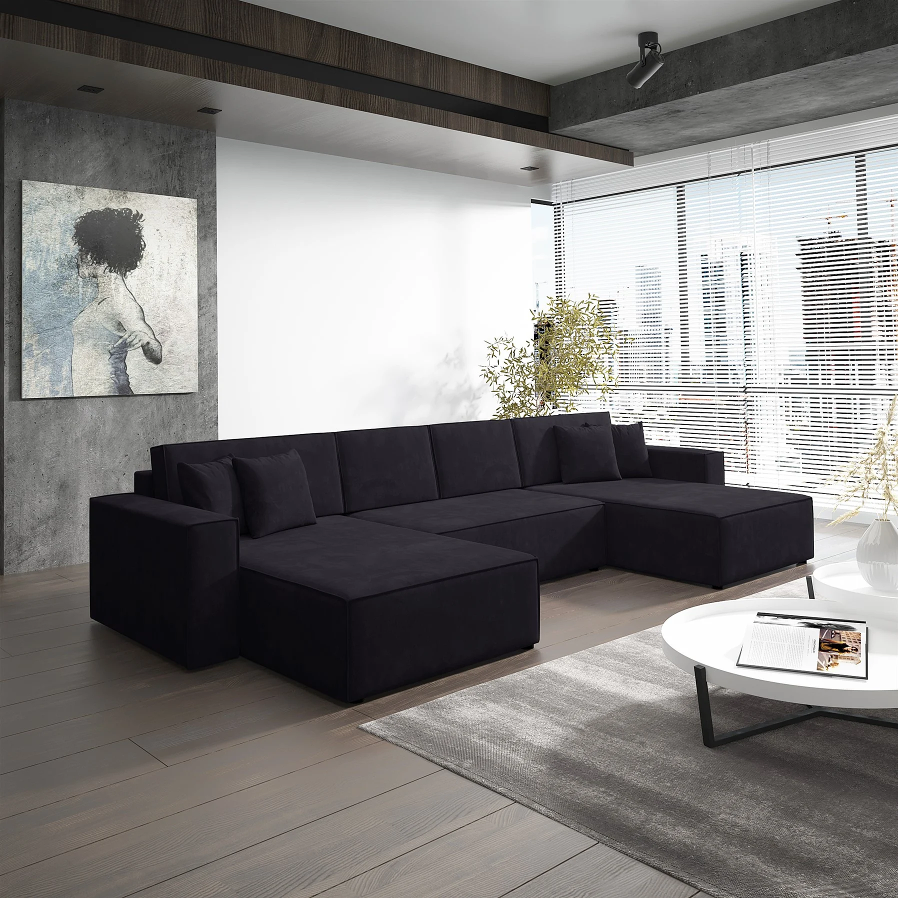 Wohnlandschaft Schlafsofa Sofa CONOR Stoff Kronos Schwarz - Fun Moebel