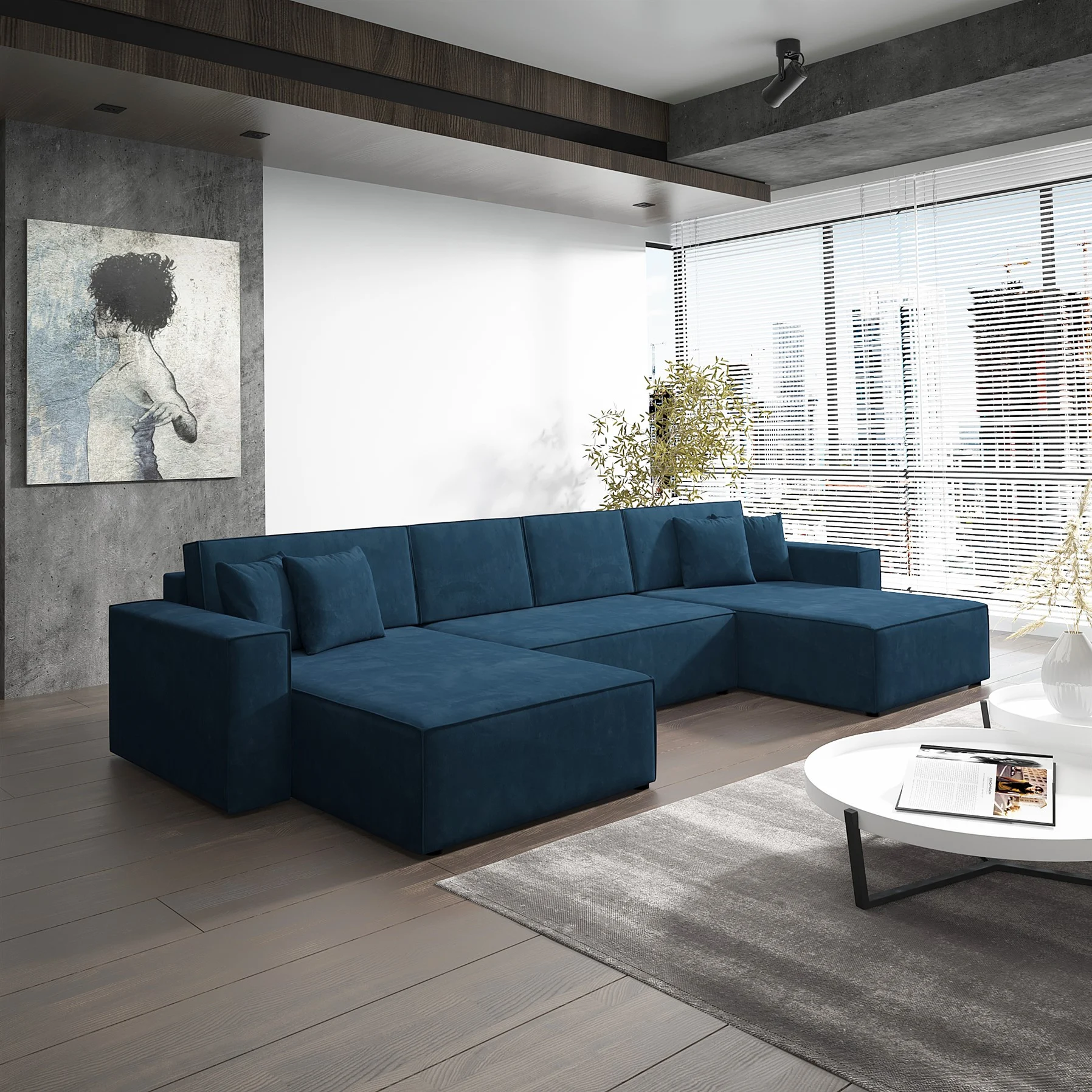Wohnlandschaft Schlafsofa Sofa CONOR Stoff Kronos Dunkelblau - Fun Moebel