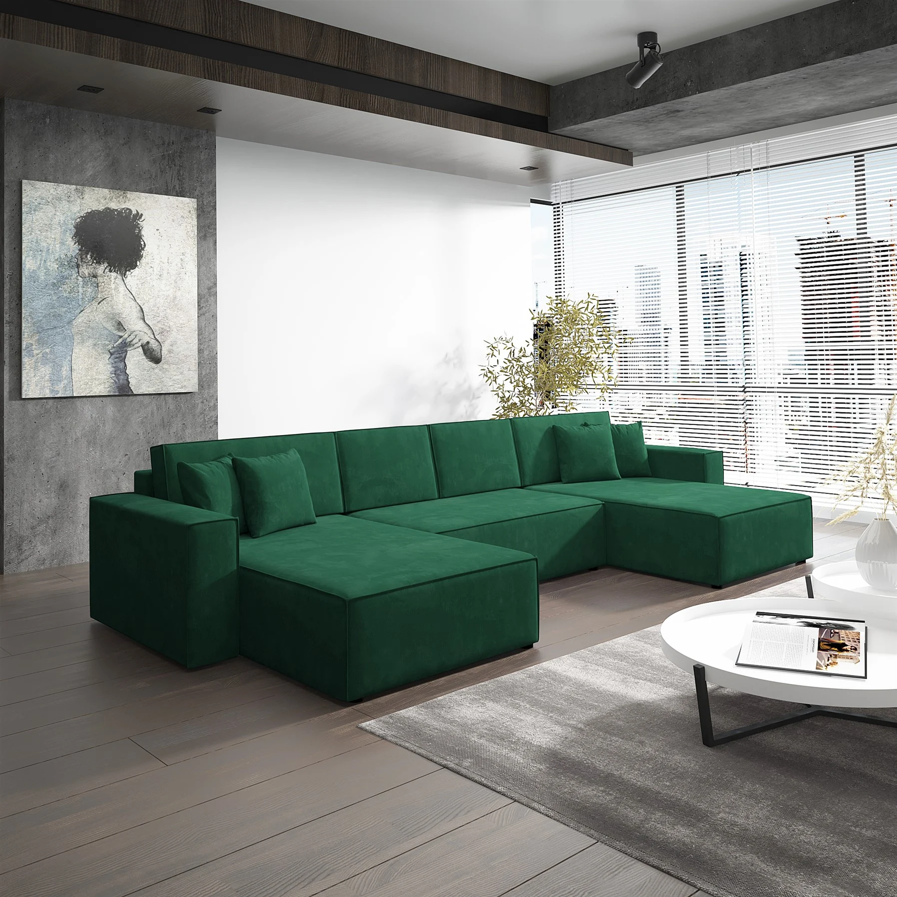 Wohnlandschaft Schlafsofa Sofa CONOR Stoff Kronos Dunkelgrün - Fun Moebel