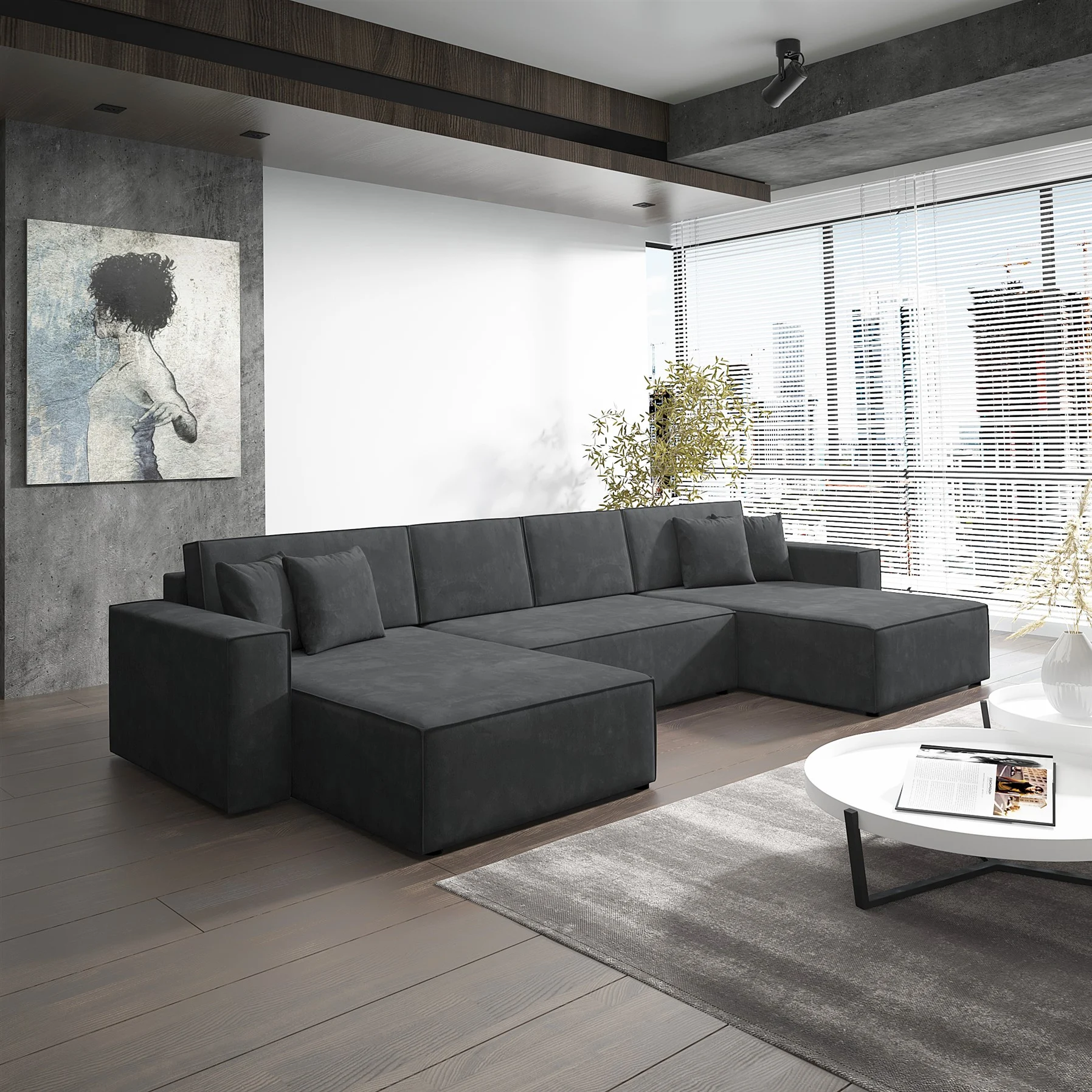 Wohnlandschaft Schlafsofa Sofa CONOR Stoff Kronos Steel Marengo - Fun Moebel
