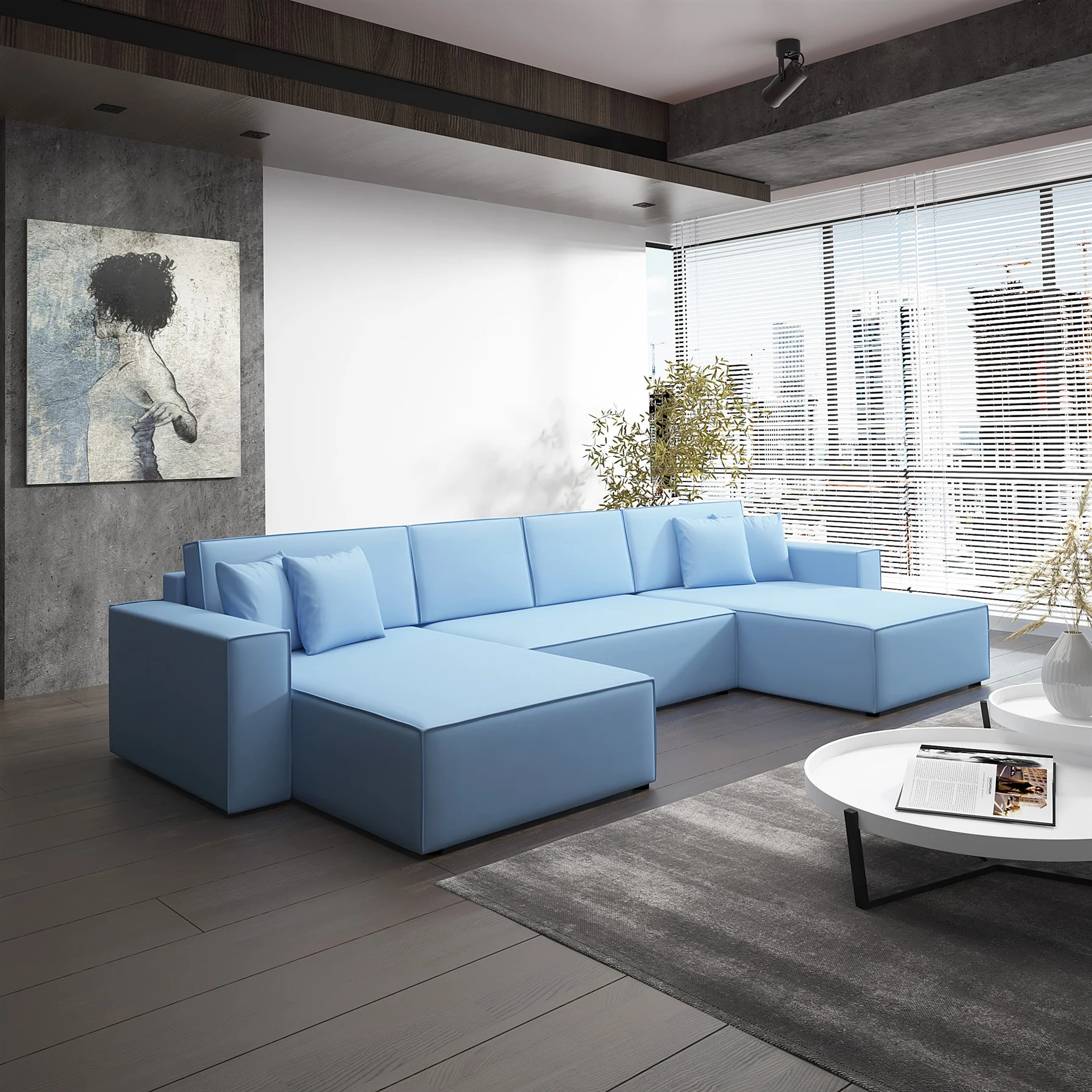 Wohnlandschaft Schlafsofa Sofa CONOR Kunstleder Azurblau - Fun Moebel