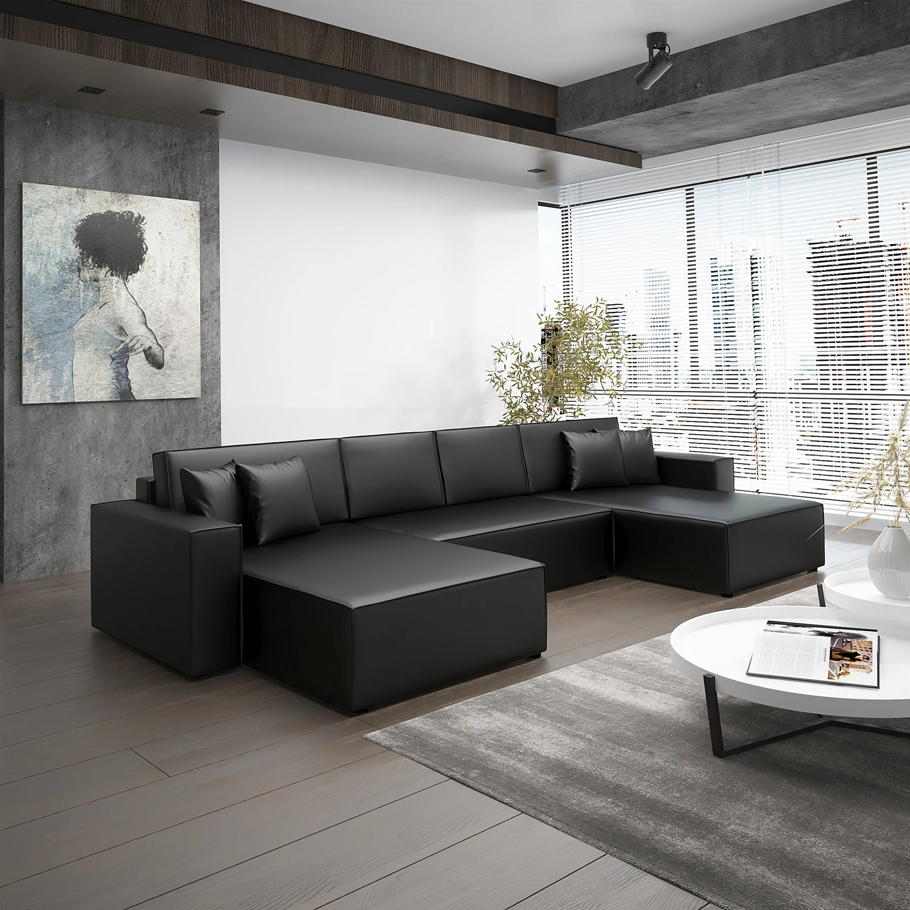 Wohnlandschaft Schlafsofa Sofa CONOR Kunstleder Schwarz - Fun Moebel