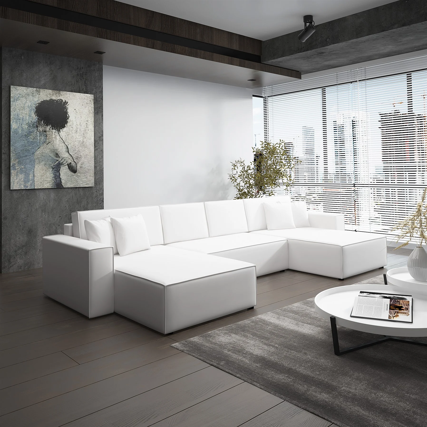 Wohnlandschaft Schlafsofa Sofa CONOR Kunstleder Weiß - Fun Moebel
