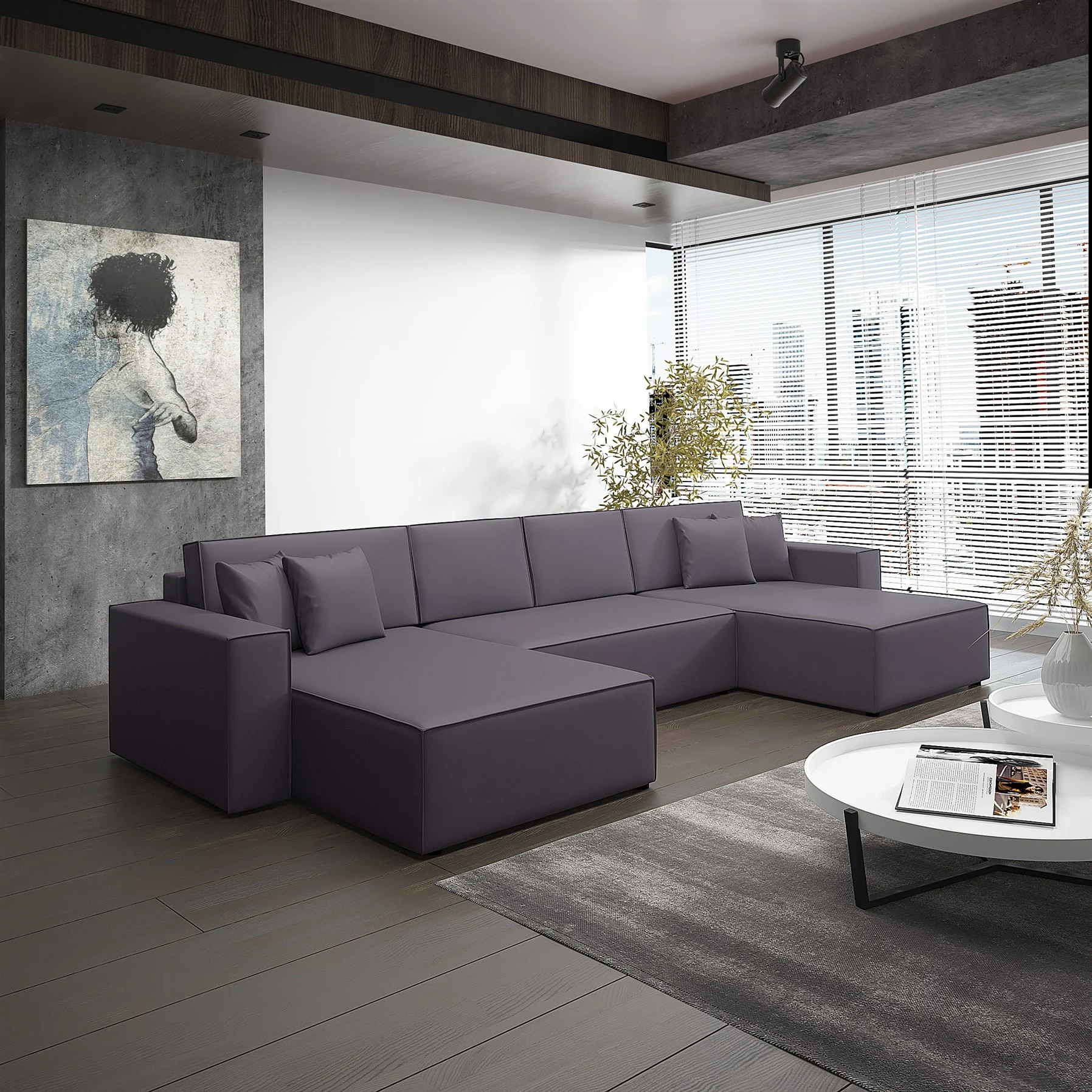 Wohnlandschaft Schlafsofa Sofa CONOR Kunstleder Grau - Fun Moebel