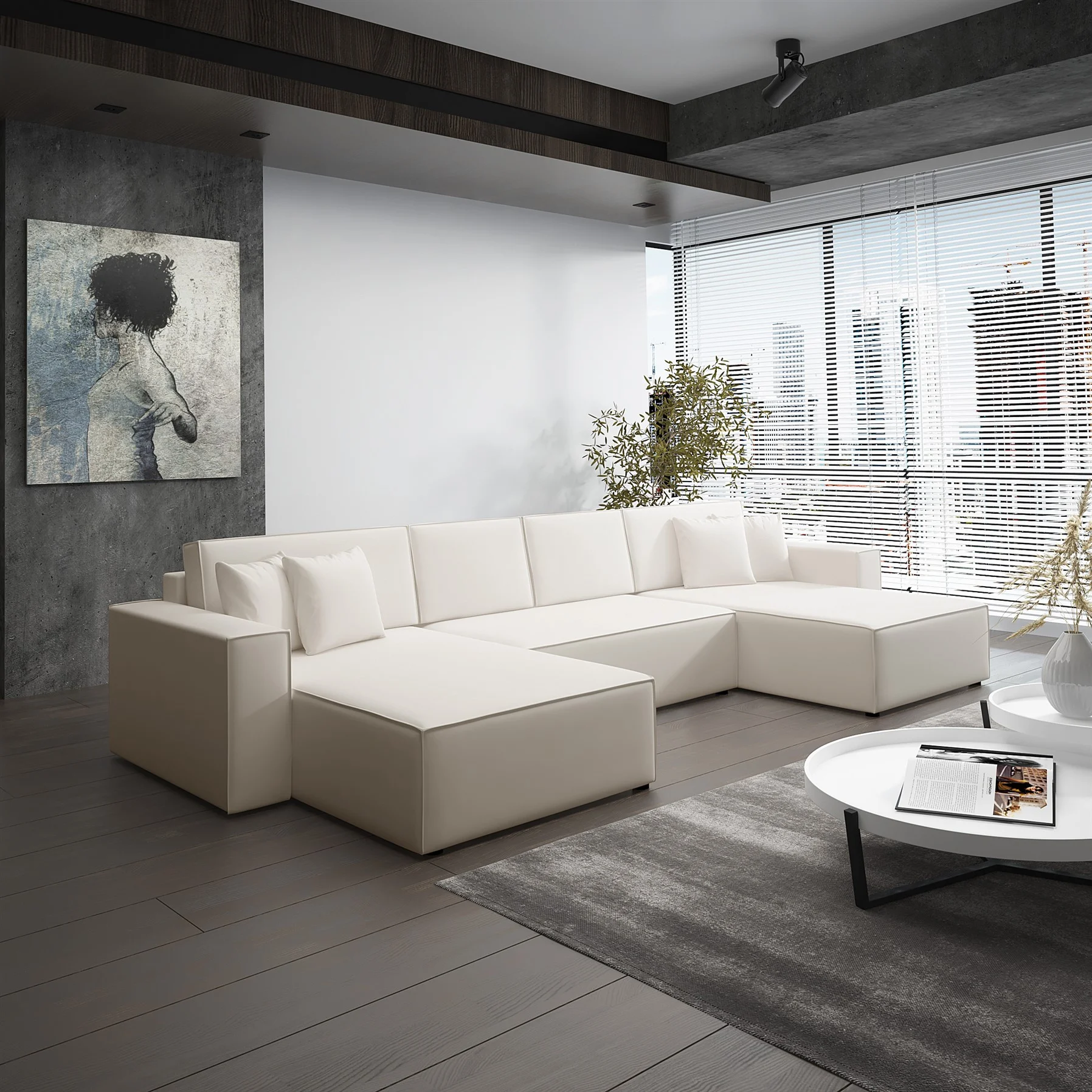 Wohnlandschaft Schlafsofa Sofa CONOR Kunstleder Creme - Fun Moebel