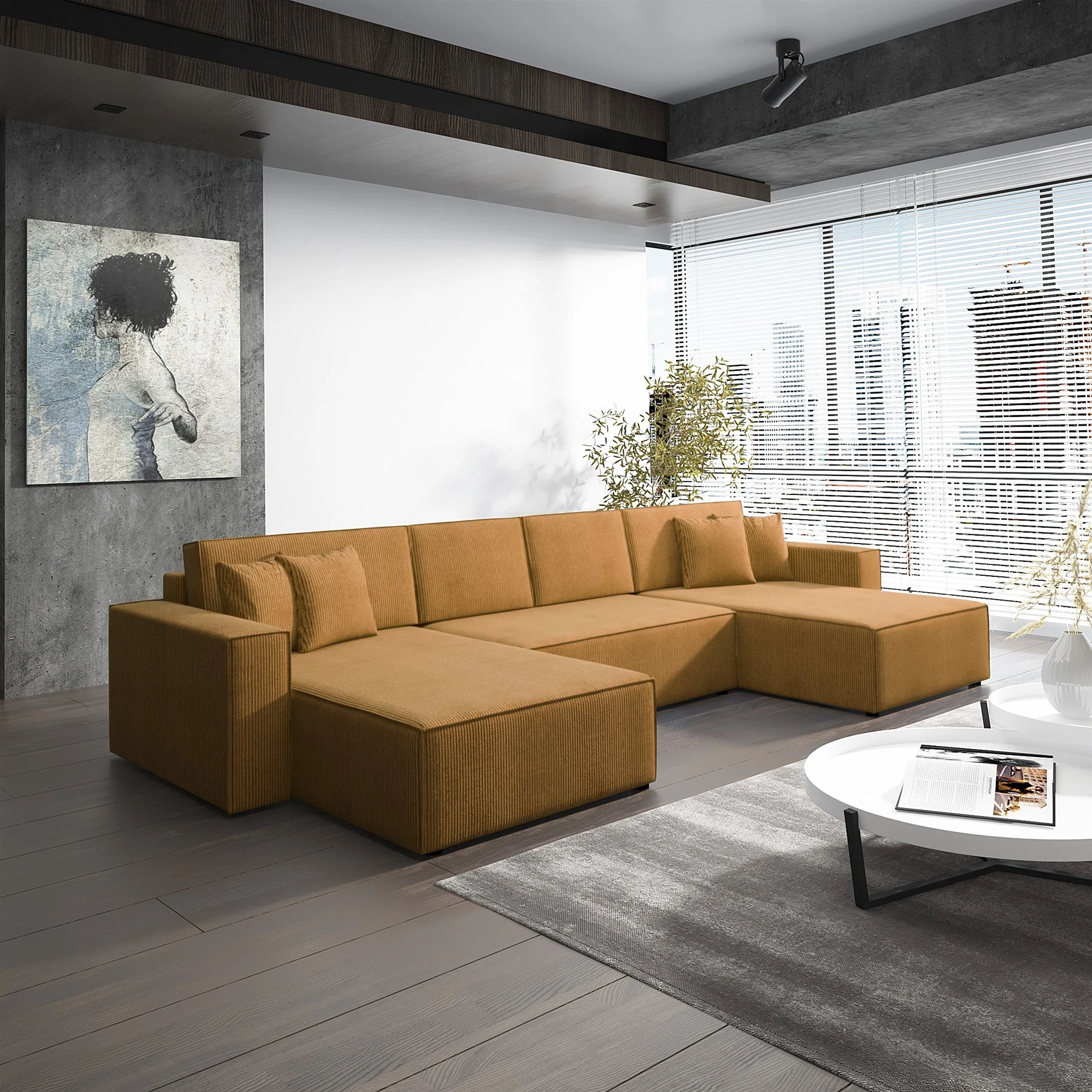 Wohnlandschaft Schlafsofa Sofa CONOR Stoff Poso Senf - Fun Moebel