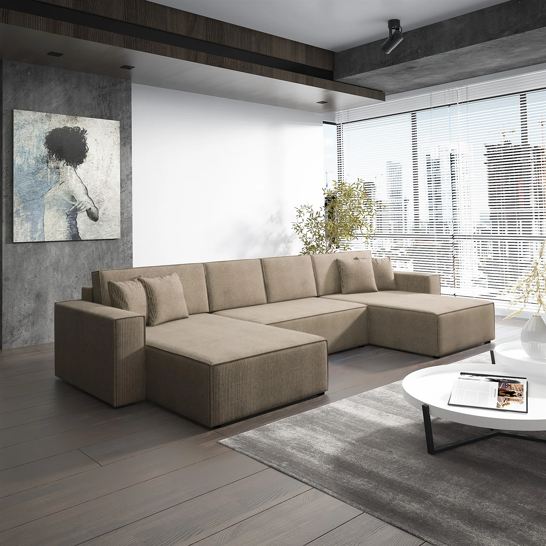 Wohnlandschaft Schlafsofa Sofa CONOR Stoff Poso Dunkelbeige - Fun Moebel