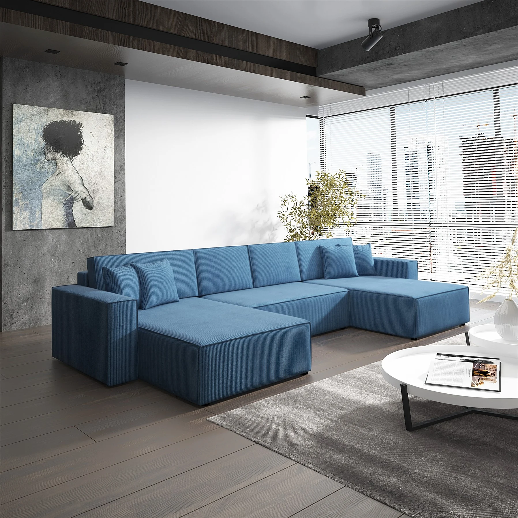 Wohnlandschaft Schlafsofa Sofa CONOR Stoff Poso Marineblau - Fun Moebel