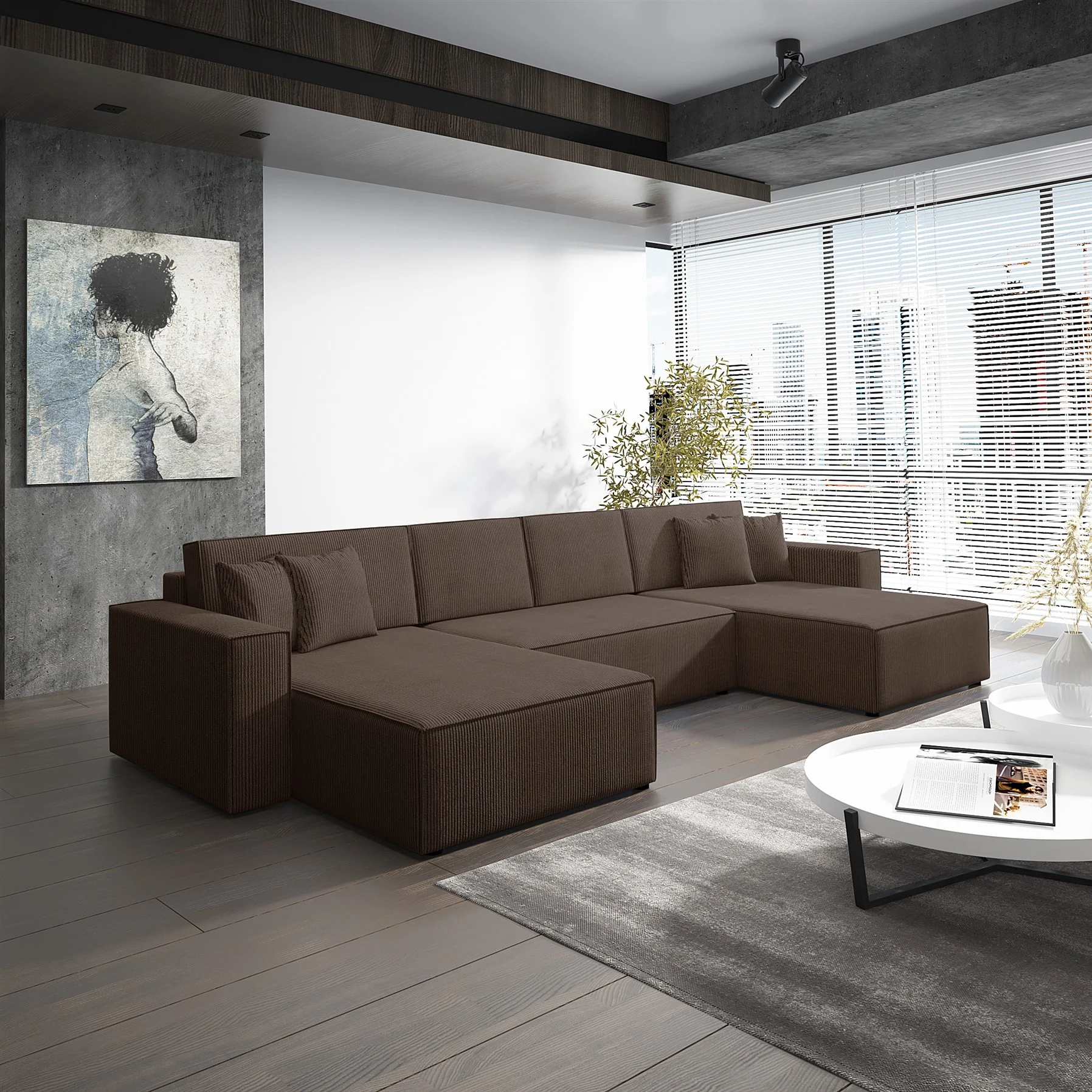 Wohnlandschaft Schlafsofa Sofa CONOR Stoff Poso Dunkelbraun - Fun Moebel