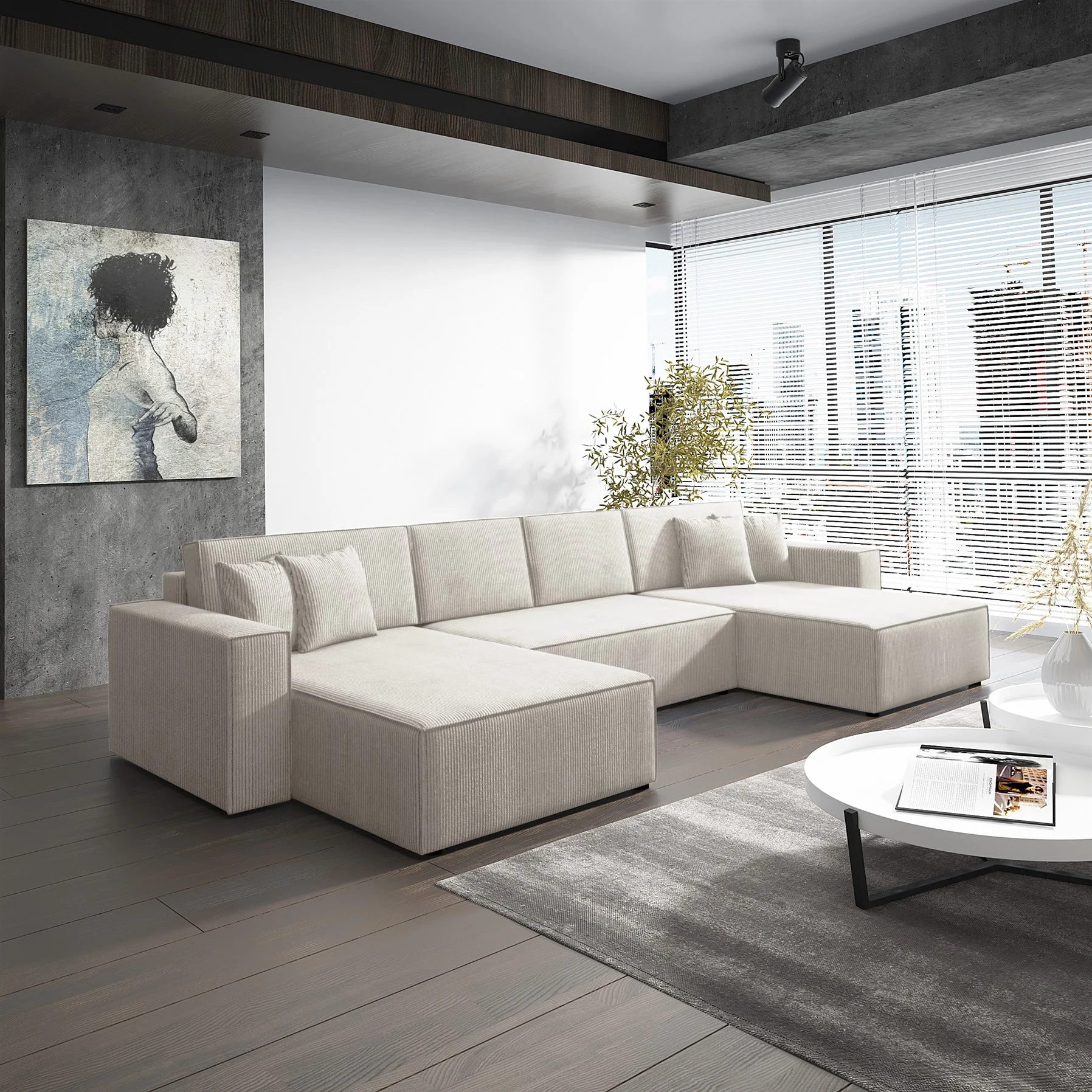 Wohnlandschaft Schlafsofa Sofa CONOR Stoff Poso Altweiß - Fun Moebel