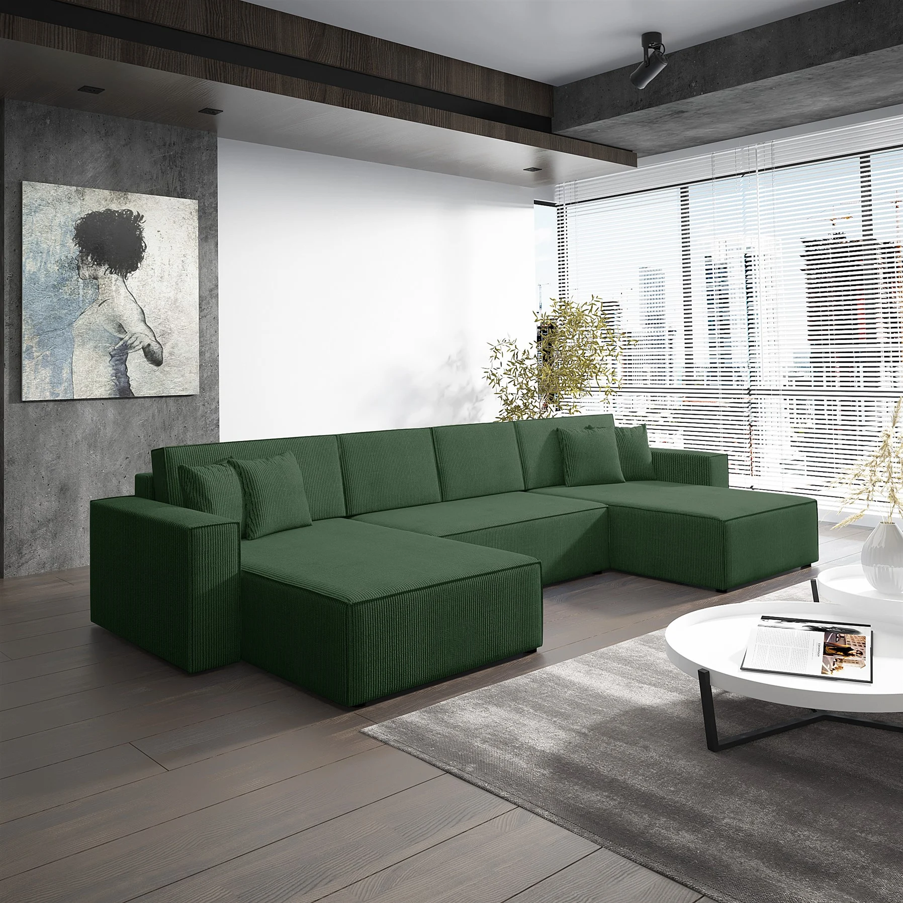 Wohnlandschaft Schlafsofa Sofa CONOR Stoff Poso Dunkelgrün - Fun Moebel