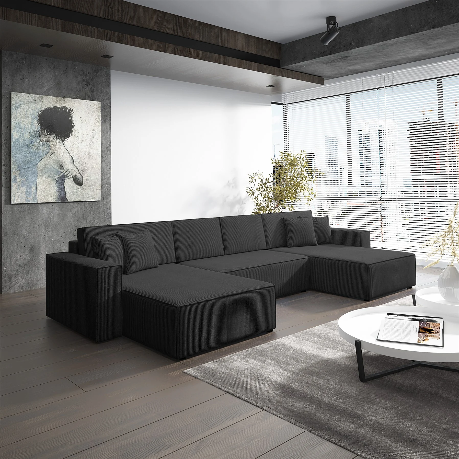 Wohnlandschaft Schlafsofa Sofa CONOR Stoff Poso Schwarz - Fun Moebel