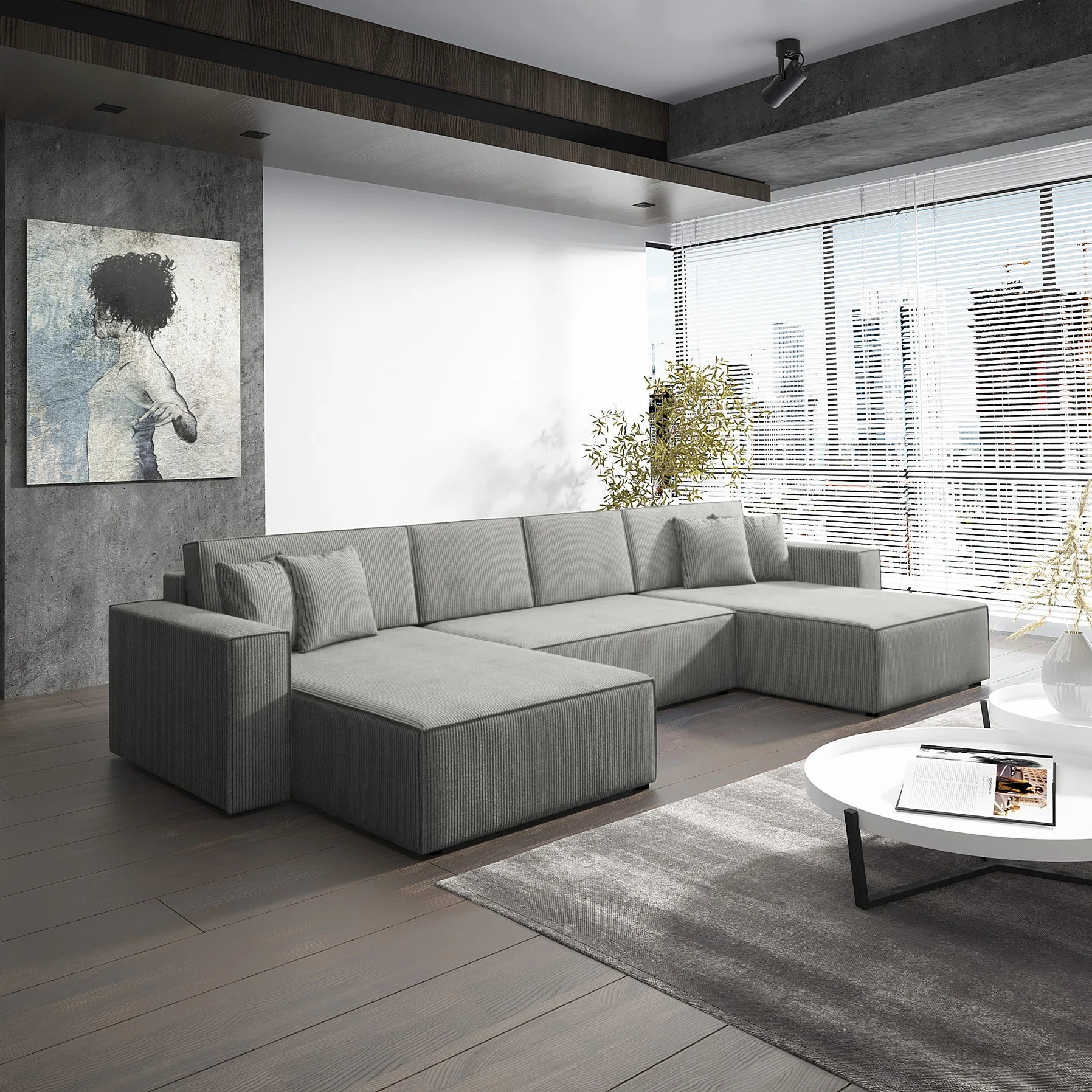 Wohnlandschaft Schlafsofa Sofa CONOR Stoff Poso Hellgrau - Fun Moebel