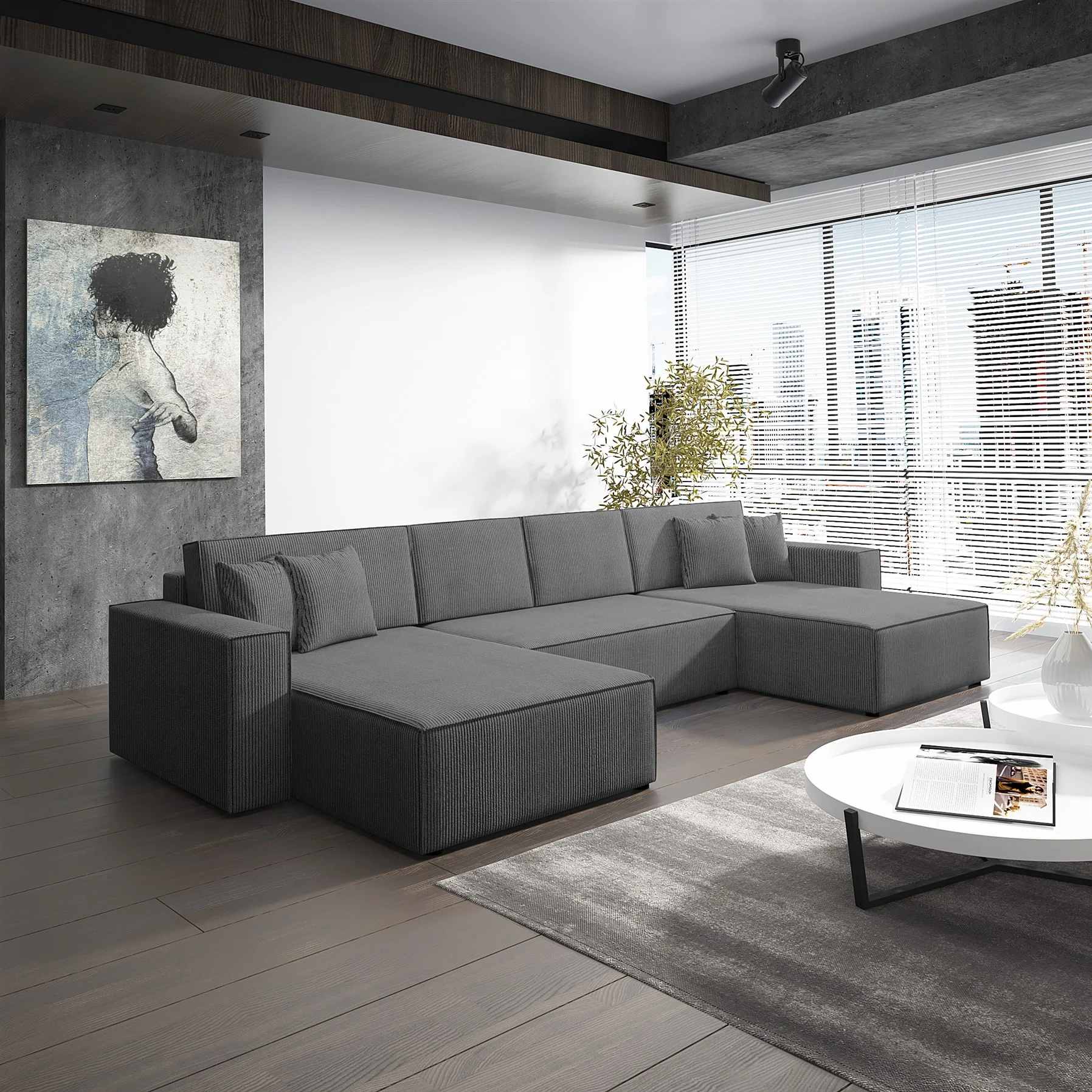 Wohnlandschaft Schlafsofa Sofa CONOR Stoff Poso Dunkelgrau - Fun Moebel