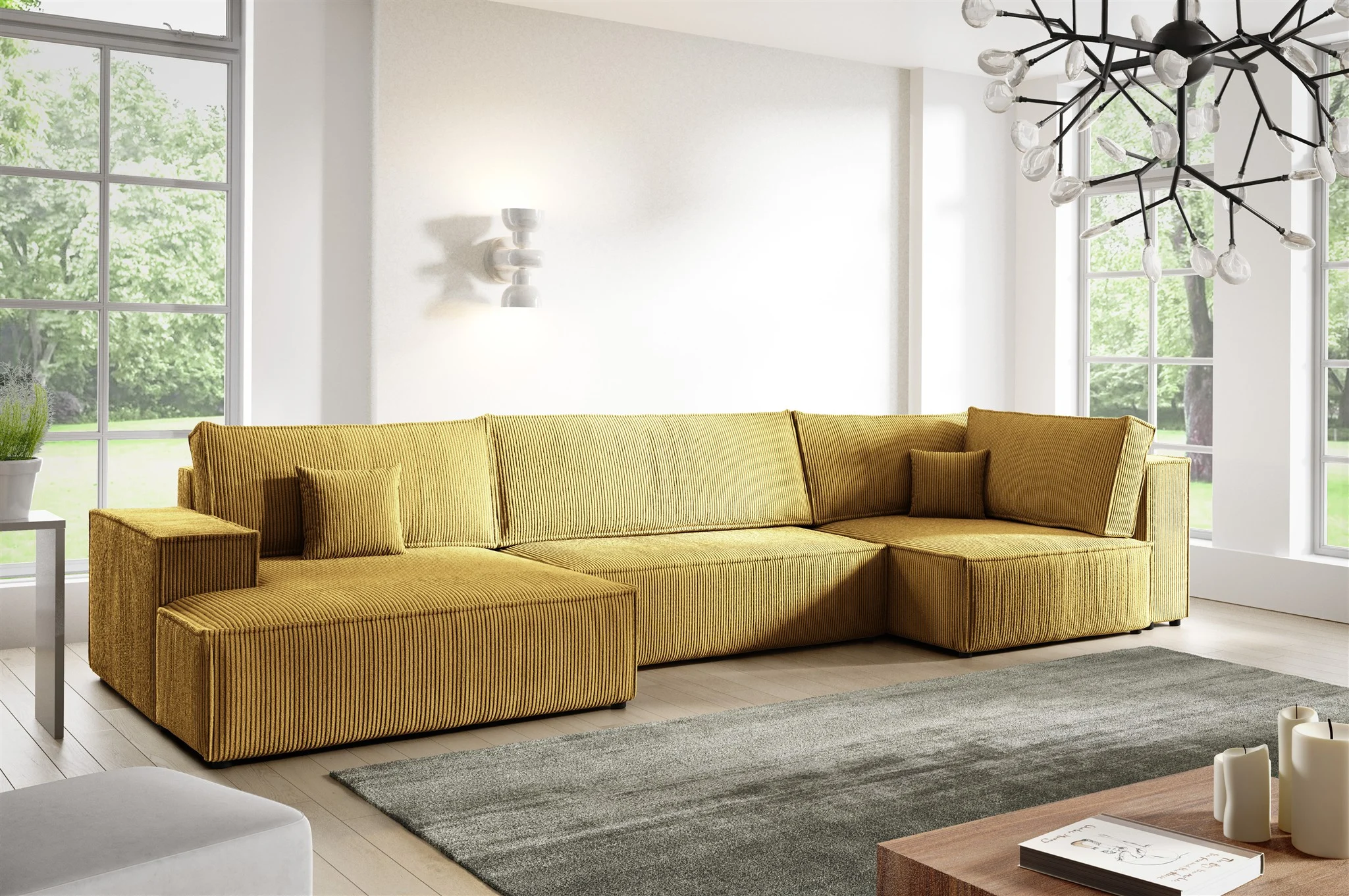 Wohnlandschaft Schlafsofa CORUNIA Stoff Poso Honiggelb Ottomane Links - Fun Möbel