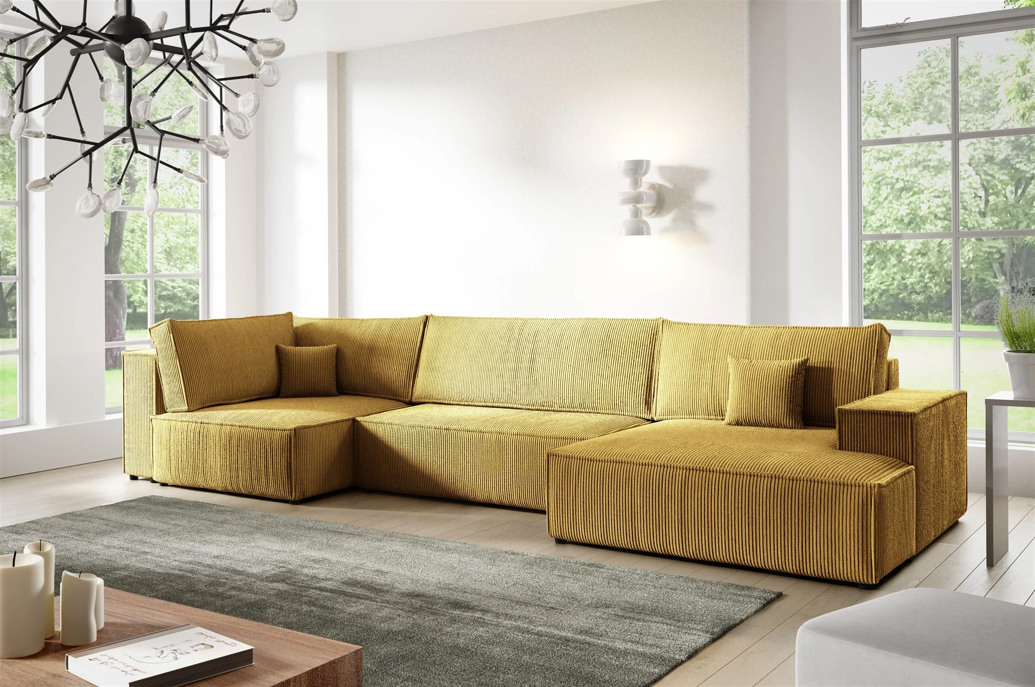 Wohnlandschaft Schlafsofa CORUNIA Stoff Poso Honiggelb Ottomane Rechts - Fun Möbel