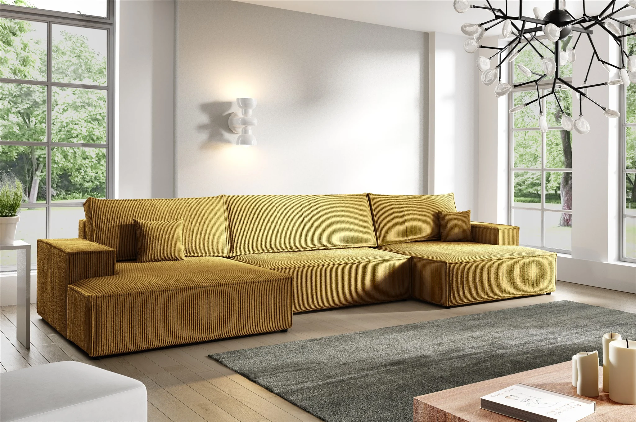 Wohnlandschaft Schlafsofa CORUNIA Stoff Poso Honiggelb - Fun Möbel