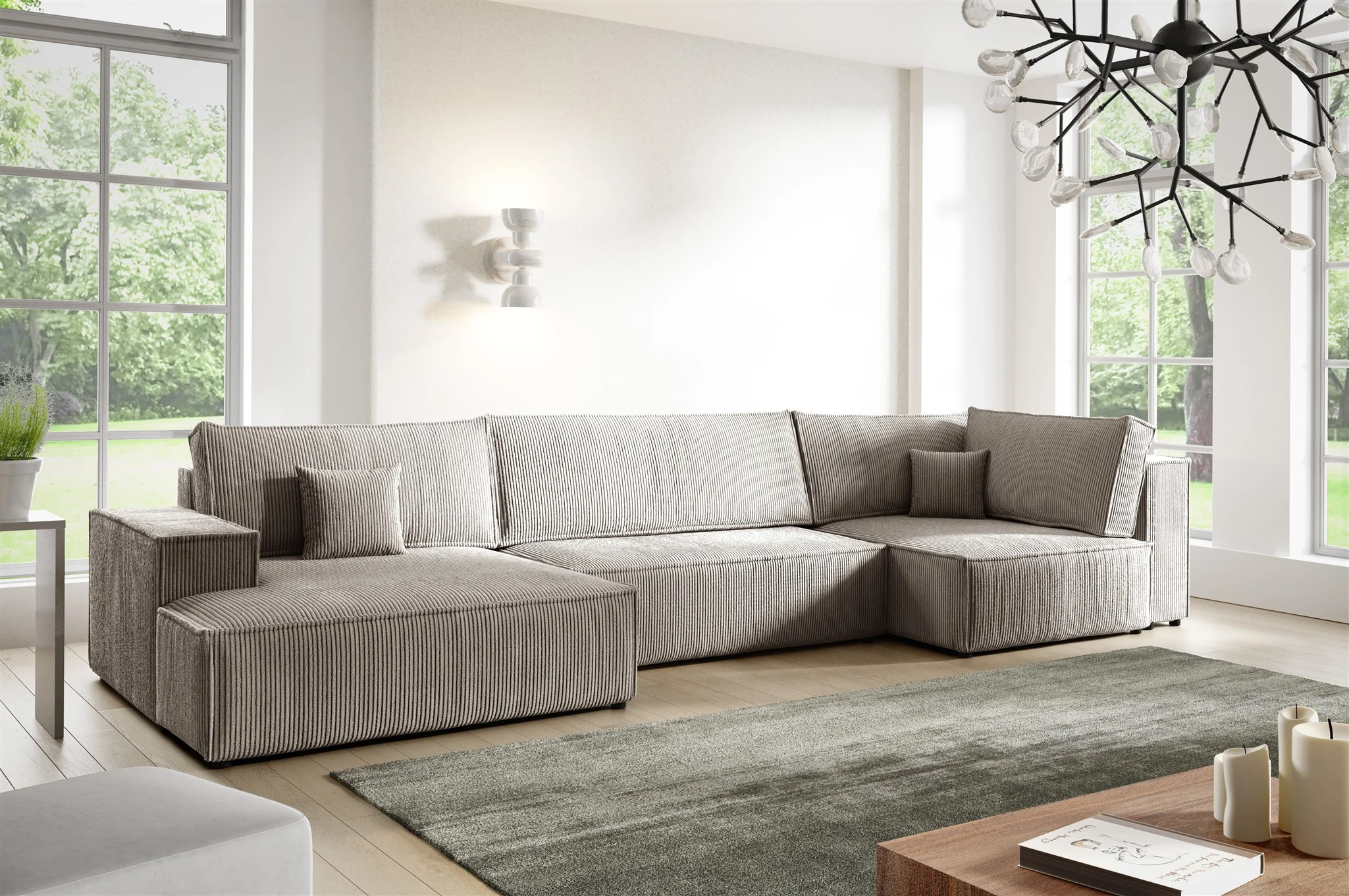 Wohnlandschaft Schlafsofa CORUNIA Stoff Poso Hellbraun Ottomane Links - Fun Möbel