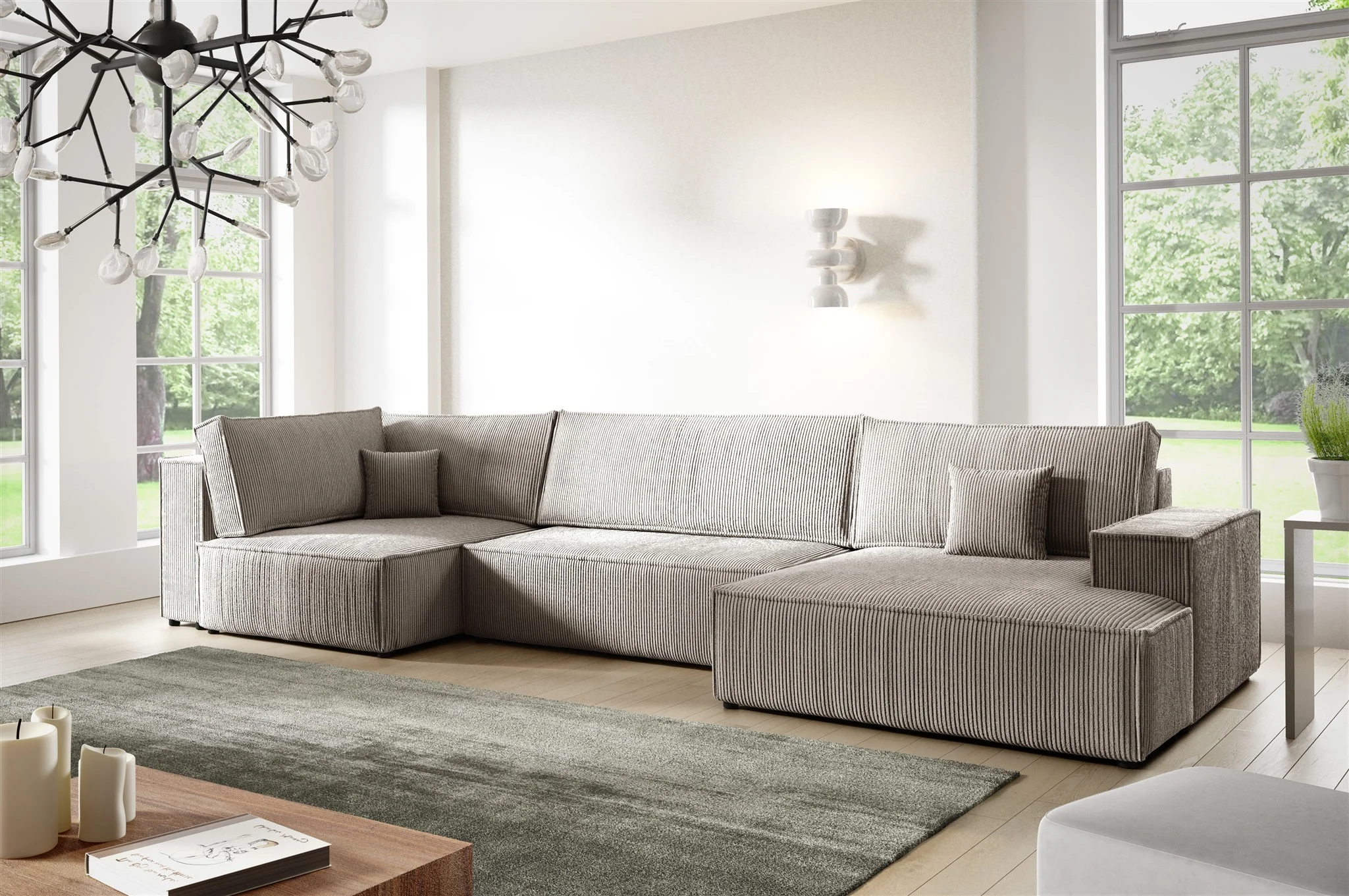 Wohnlandschaft Schlafsofa CORUNIA Stoff Poso Hellbraun Ottomane Rechts - Fun Möbel