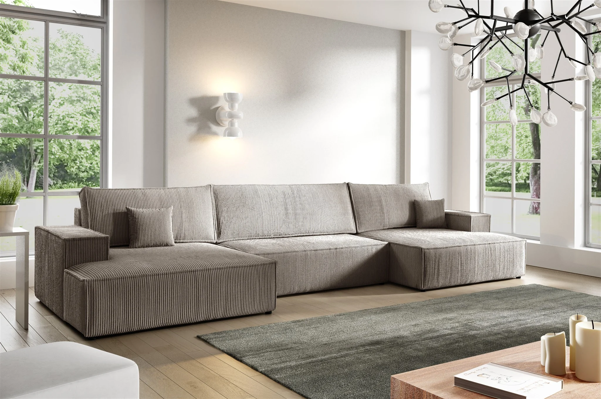 Wohnlandschaft Schlafsofa CORUNIA Stoff Poso Hellbraun - Fun Möbel