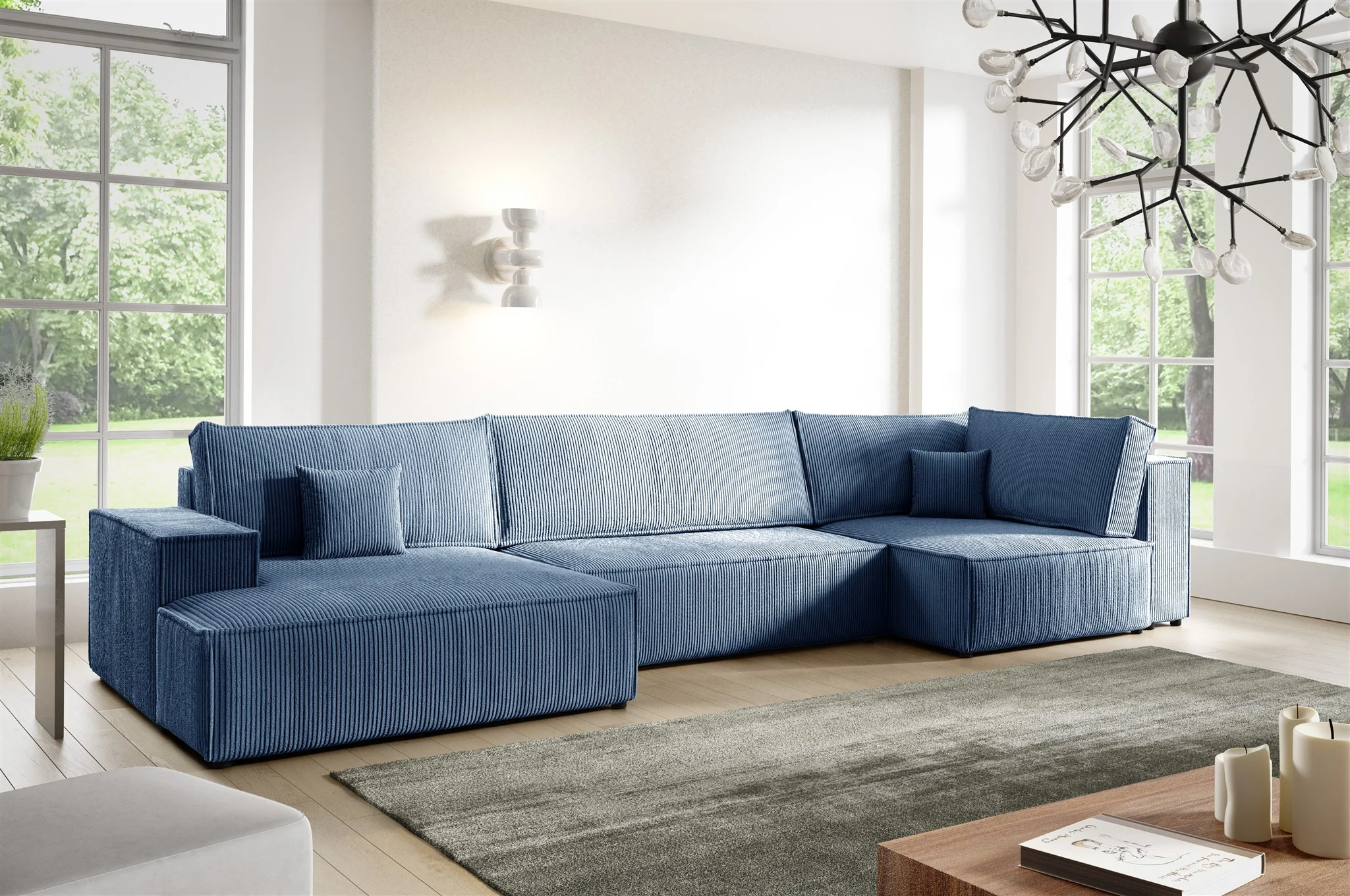 Wohnlandschaft Schlafsofa CORUNIA Stoff Poso Blau Ottomane Links - Fun Möbel