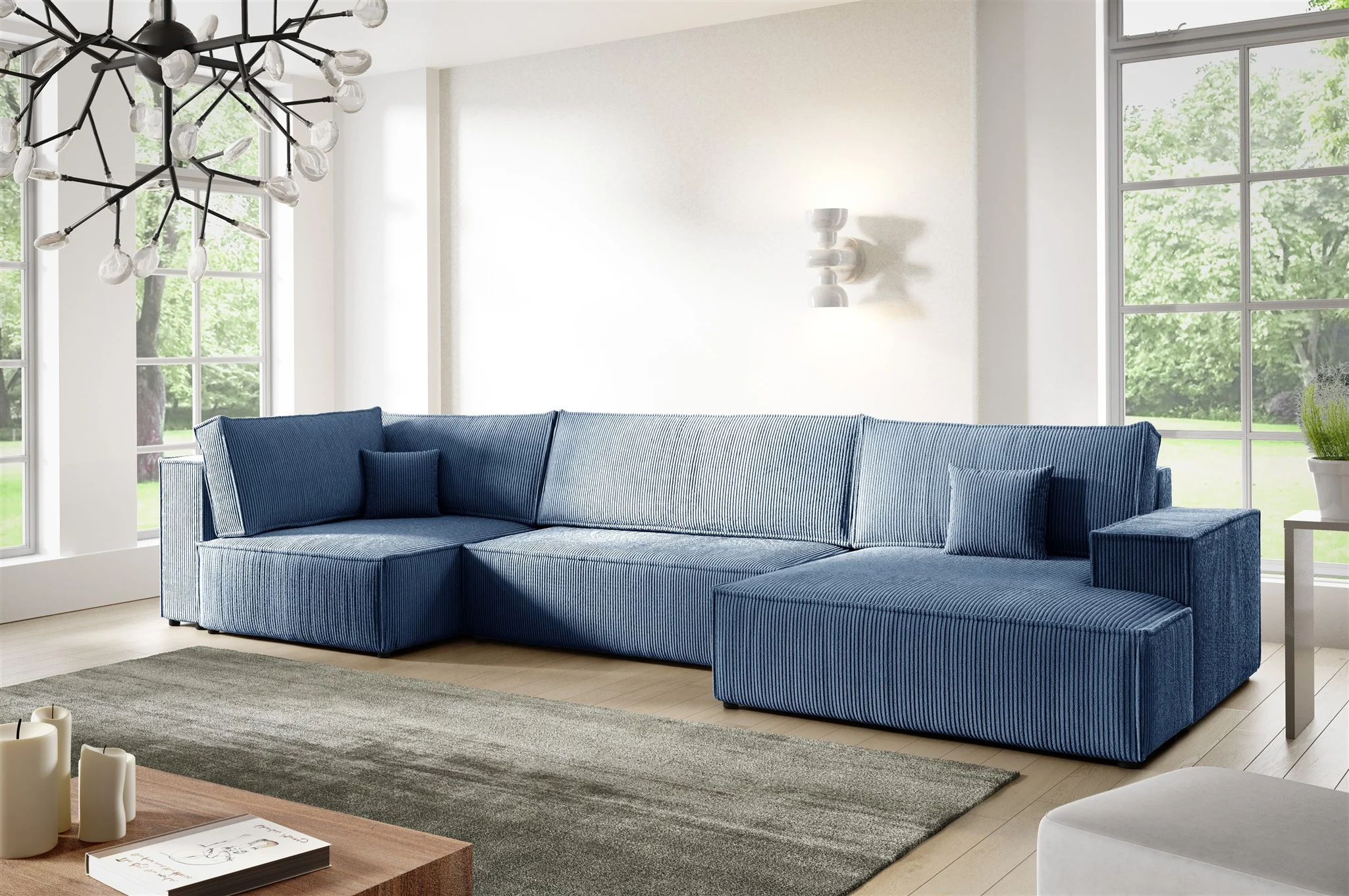 Wohnlandschaft Schlafsofa CORUNIA Stoff Poso Blau Ottomane Rechts - Fun Möbel