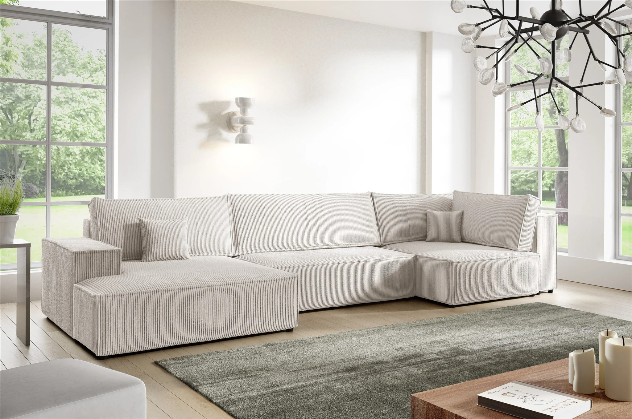 Wohnlandschaft Schlafsofa CORUNIA Stoff Poso Altweiß Ottomane Links - Fun Möbel