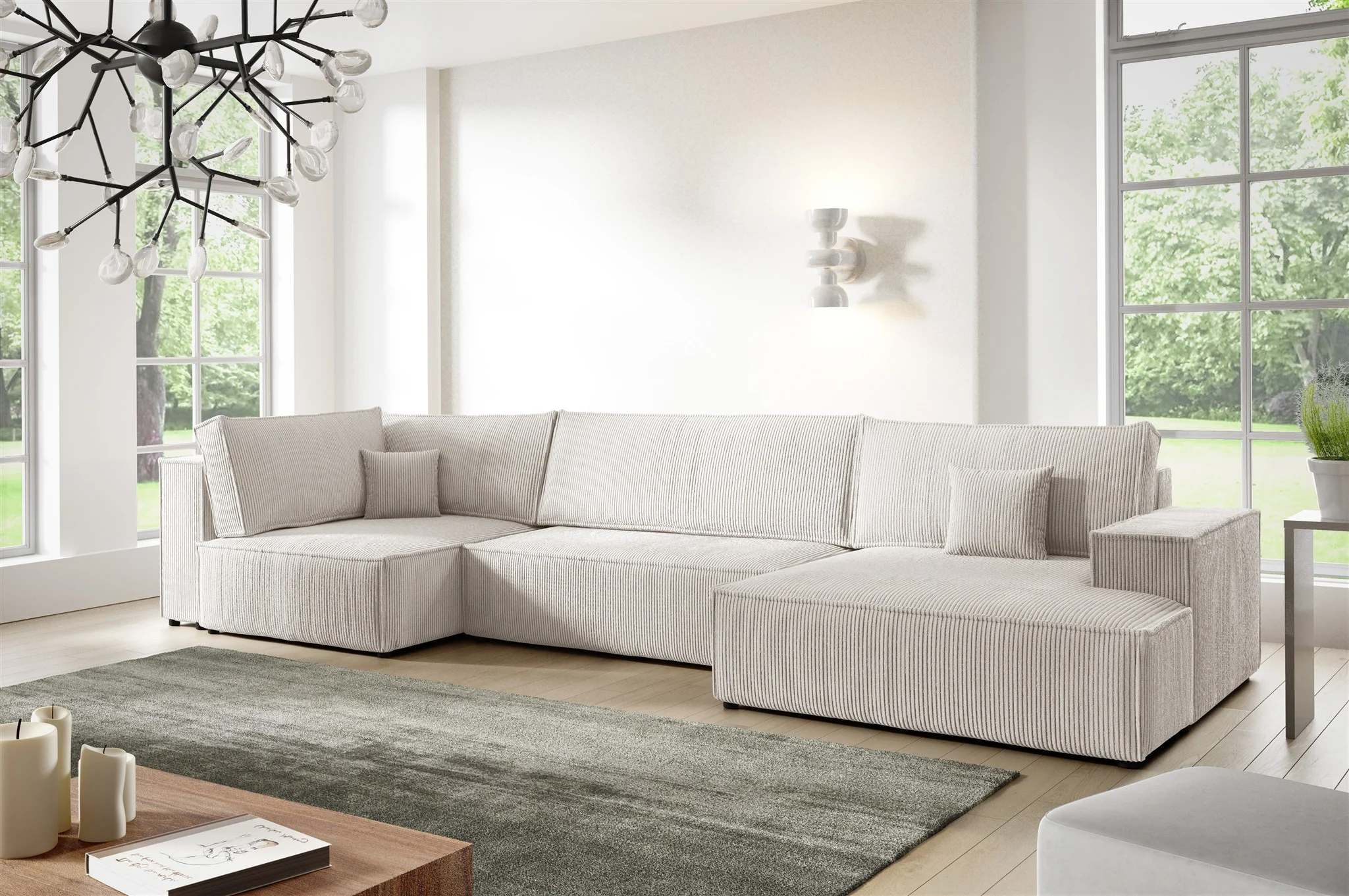 Wohnlandschaft Schlafsofa CORUNIA Stoff Poso Altweiß Ottomane Rechts - Fun Möbel