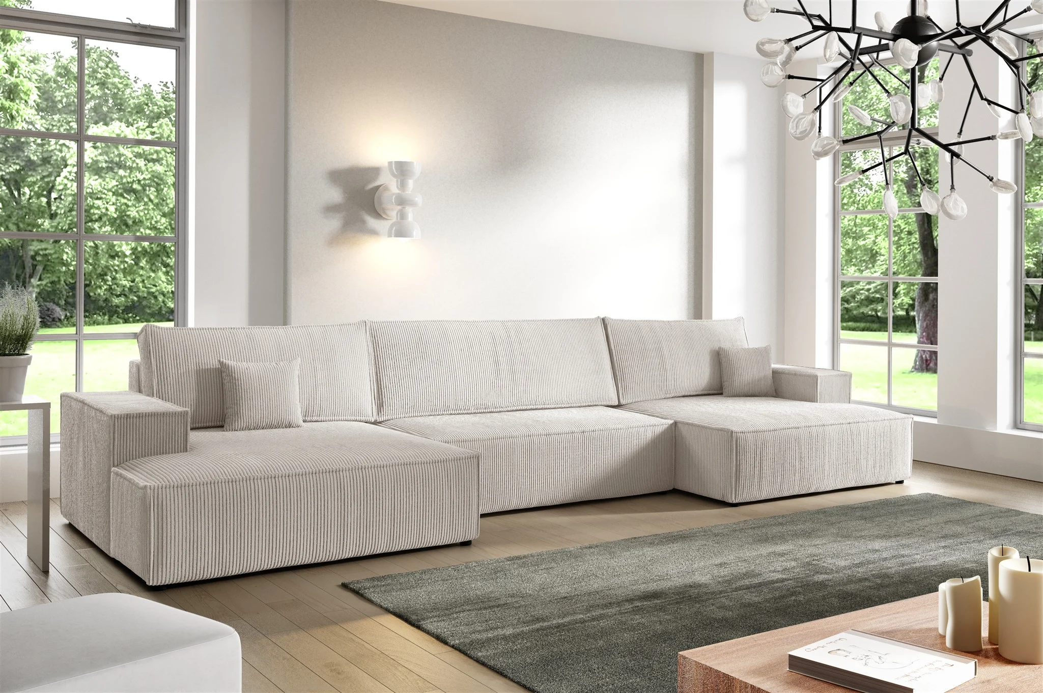 Wohnlandschaft Schlafsofa CORUNIA Stoff Poso Altweiß - Fun Möbel