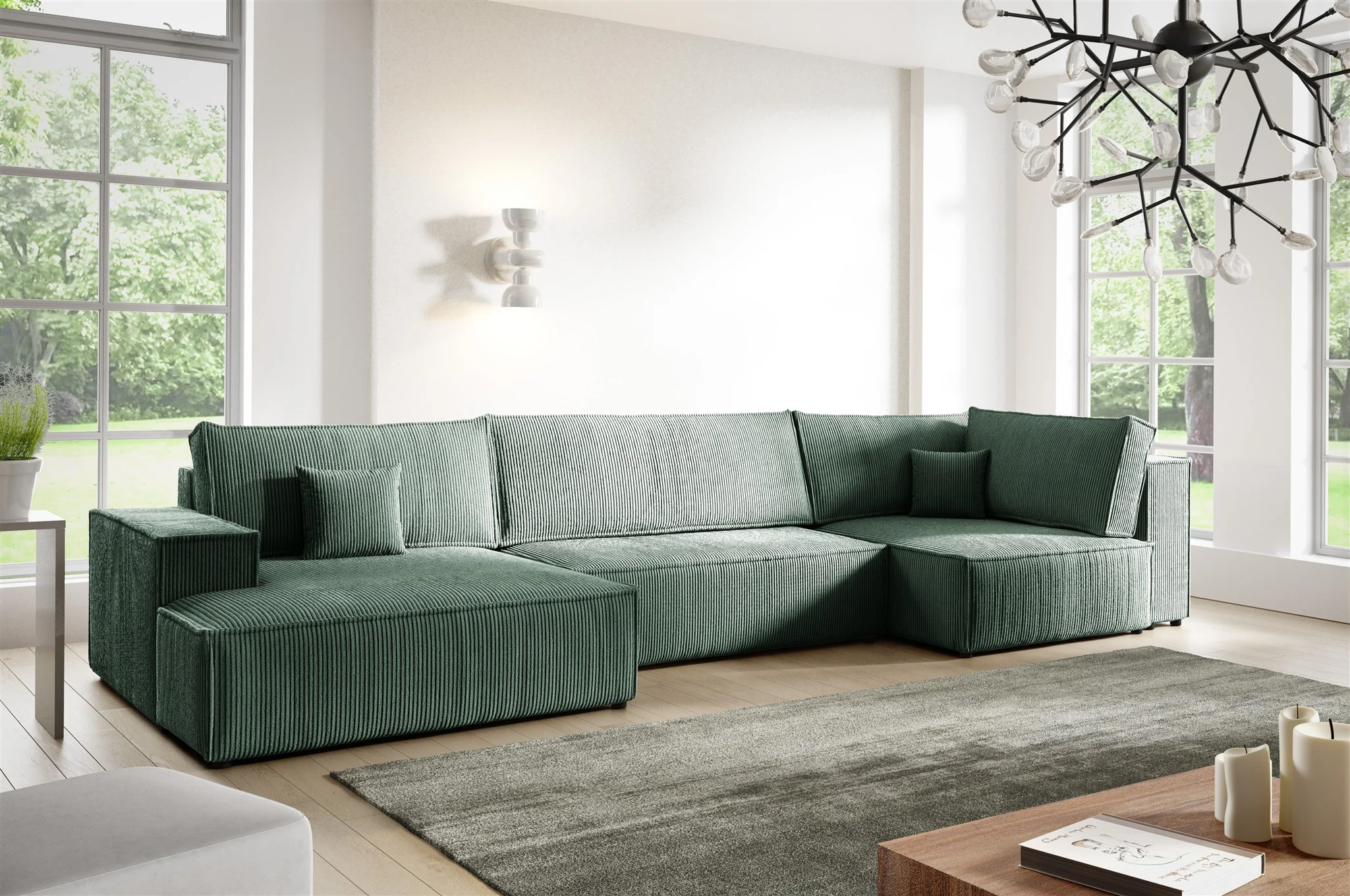 Wohnlandschaft Schlafsofa CORUNIA Stoff Poso Grün Ottomane Links - Fun Möbel