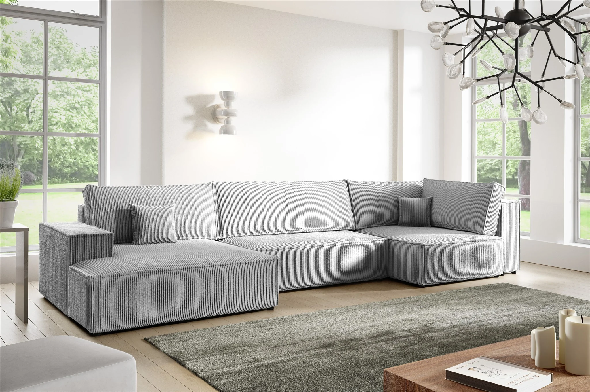 Wohnlandschaft Schlafsofa CORUNIA Stoff Poso Graublau Ottomane Links - Fun Möbel