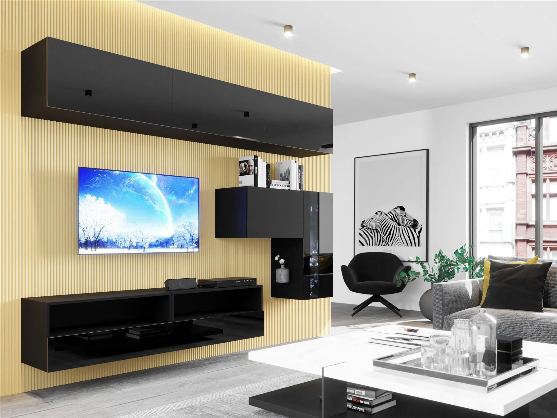 Mediawand Wohnwand 7 tlg - NEXI XL 33 - Schwarz Hochglanz inkl. LED