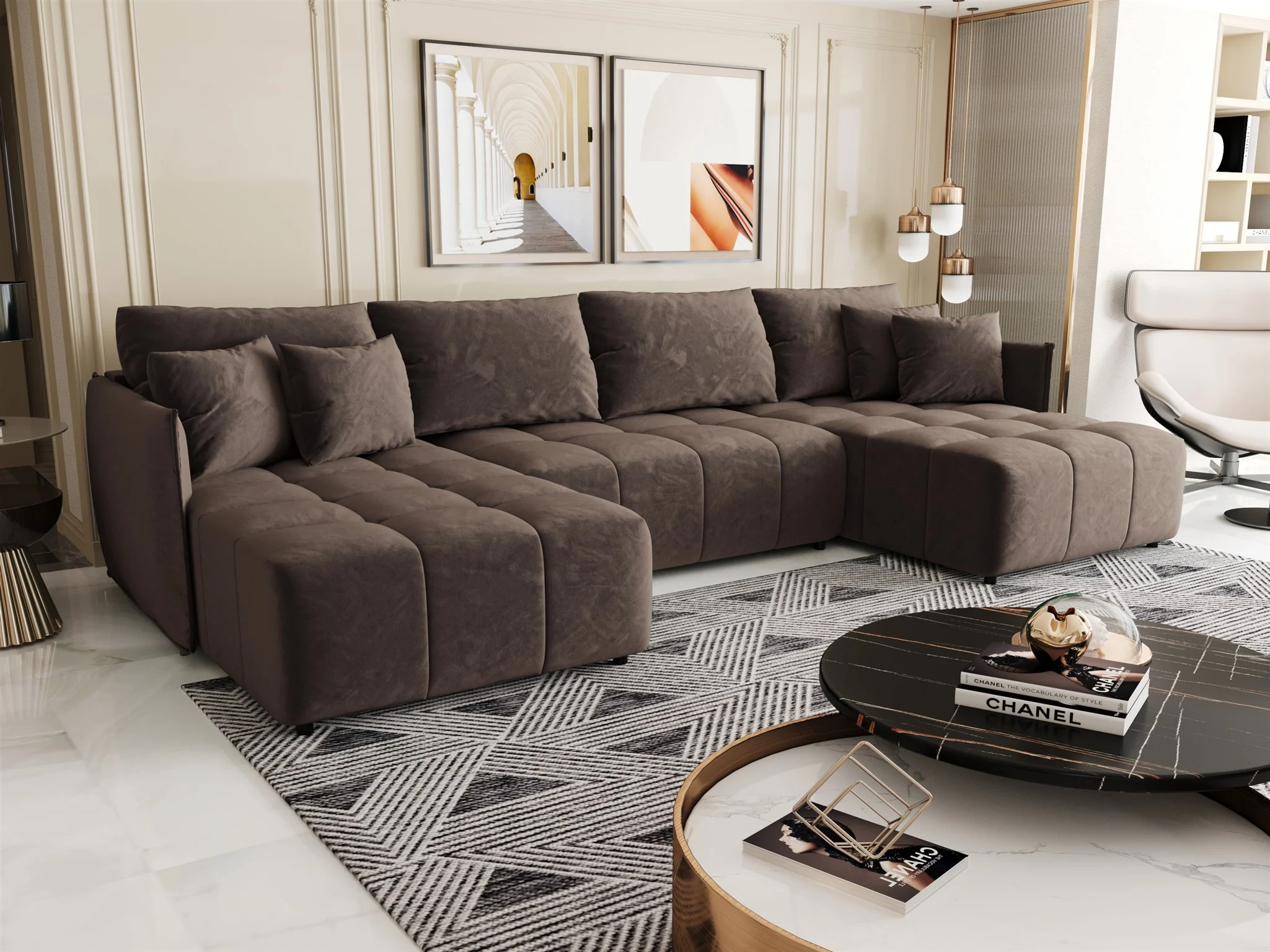 Wohnlandschaft Schlafsofa Sofa TREVISO Stoff Monolith Braun - Fun Möbel