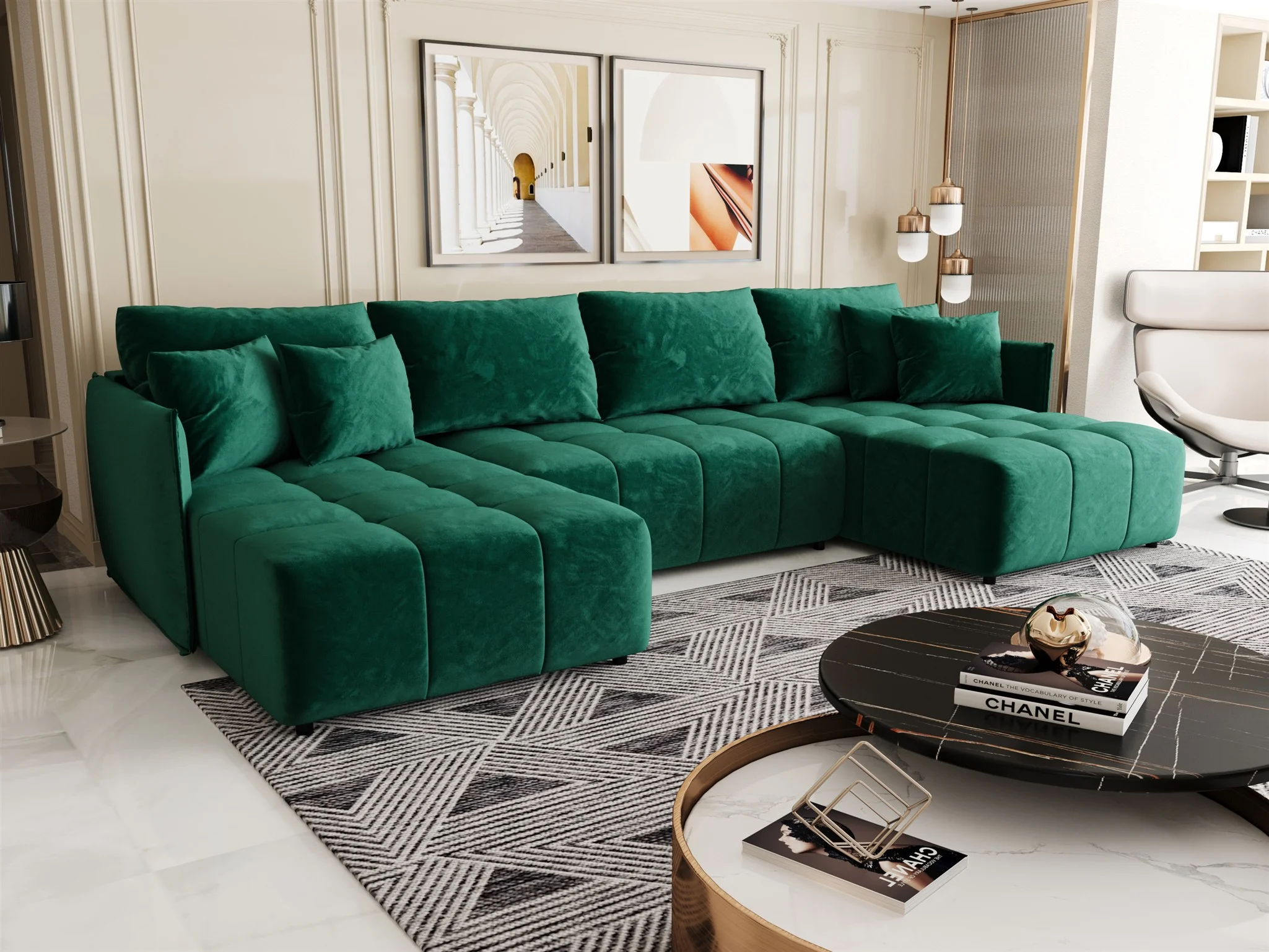 Wohnlandschaft Schlafsofa Sofa TREVISO Stoff Monolith Grün - Fun Möbel
