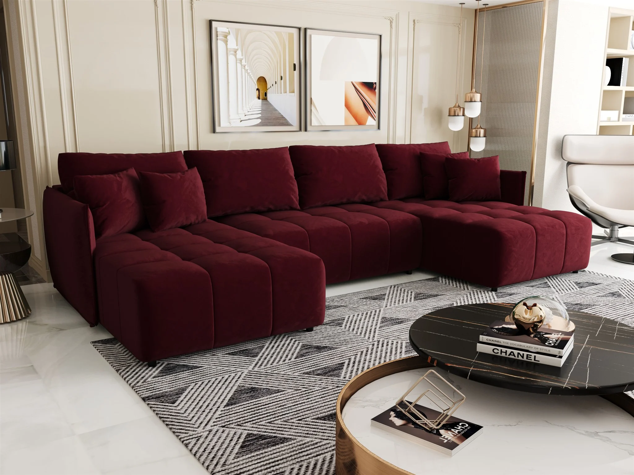 Wohnlandschaft Schlafsofa Sofa TREVISO Stoff Monolith Bordeauxrot - Fun Möbel