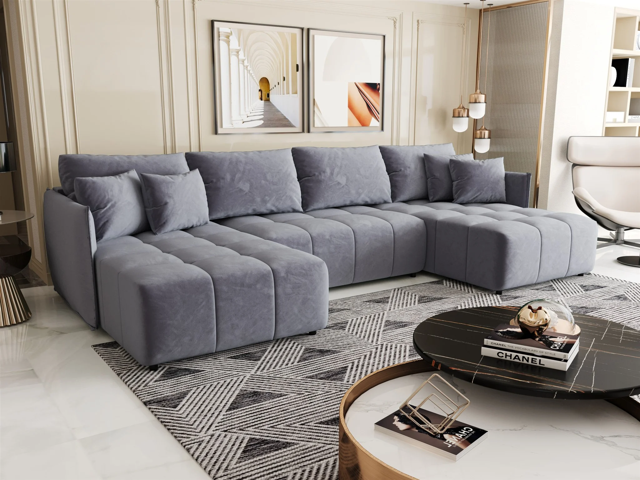 Wohnlandschaft Schlafsofa Sofa TREVISO Stoff Monolith Hellblau - Fun Möbel